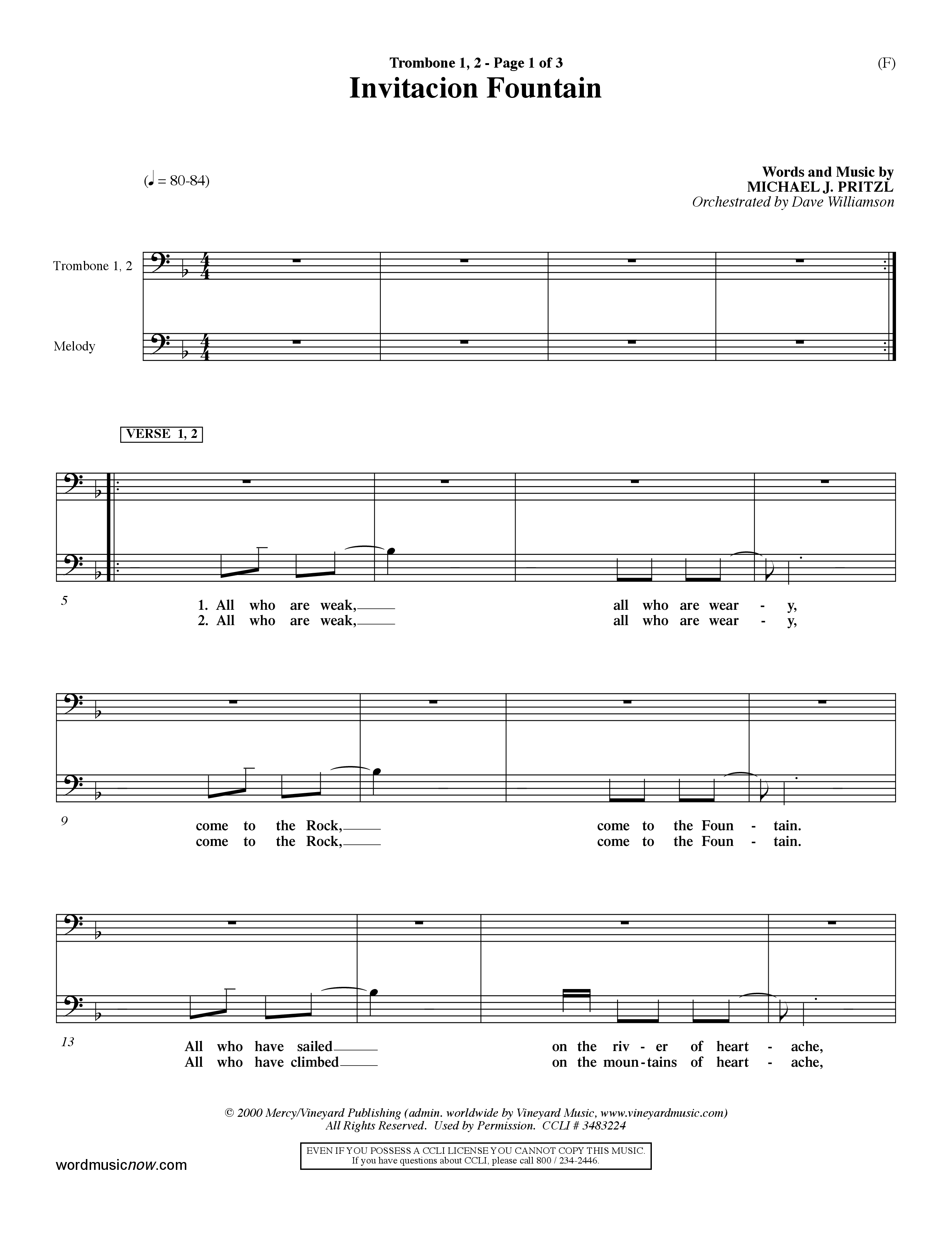 Invitacion Fountain (Choral Anthem SATB) Trombone 1/2 (Word Music Choral / Orch. Dave Williamson)