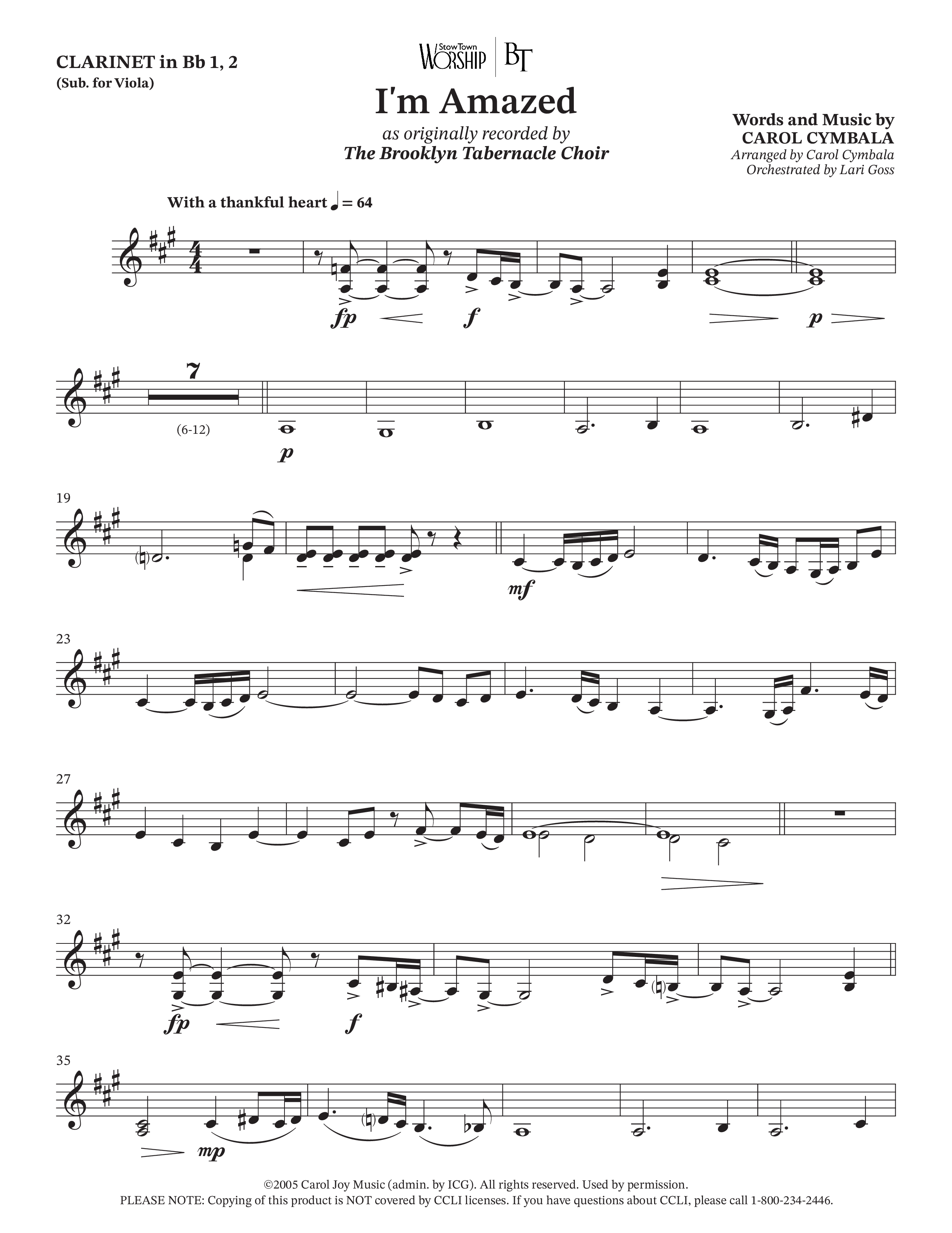 I'm Amazed (Choral Anthem SATB) Clarinet 1/2 (The Brooklyn Tabernacle Choir / Jason Crabb / Arr. Carol Cymbala / Orch. Lari Goss)