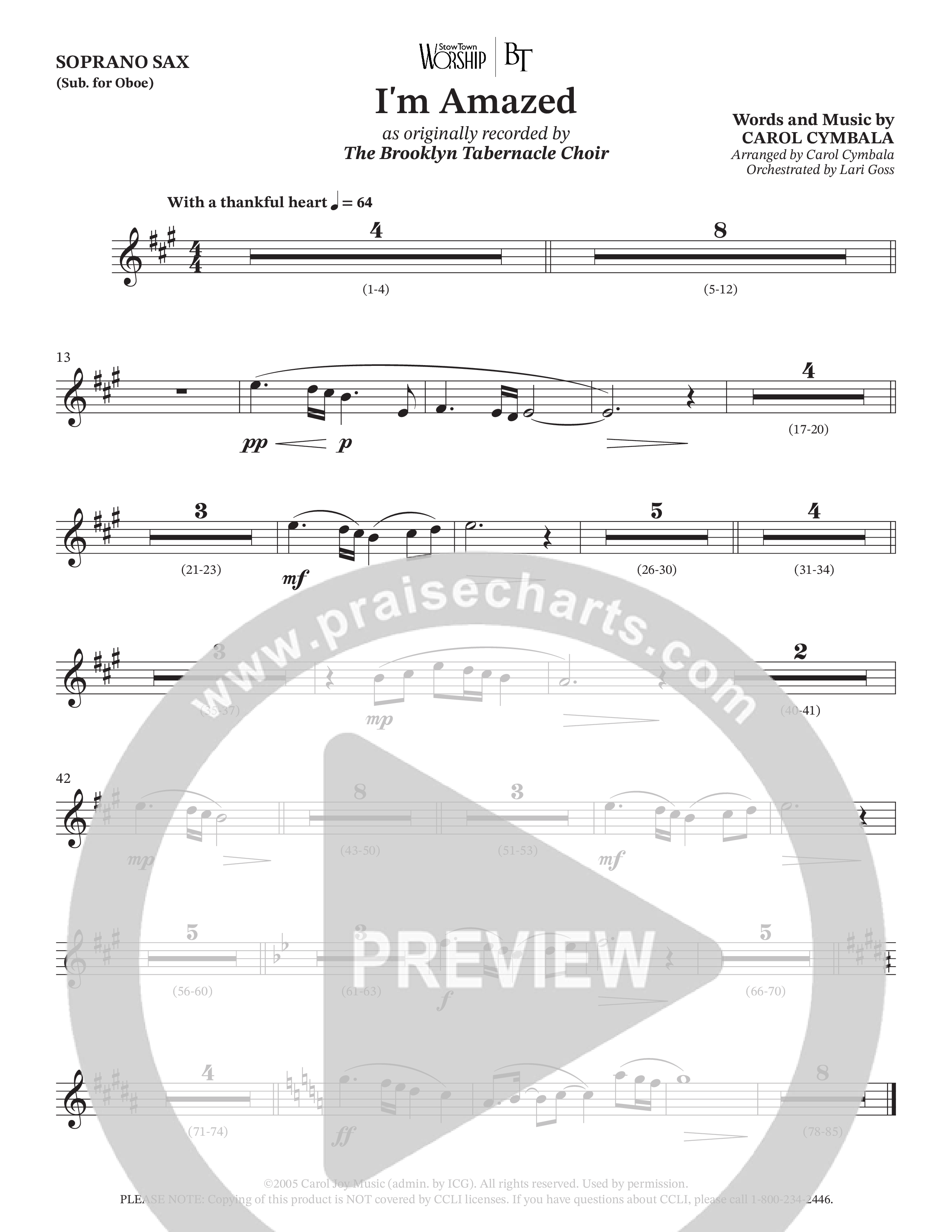 I'm Amazed (Choral Anthem SATB) Soprano Sax (The Brooklyn Tabernacle Choir / Jason Crabb / Arr. Carol Cymbala / Orch. Lari Goss)
