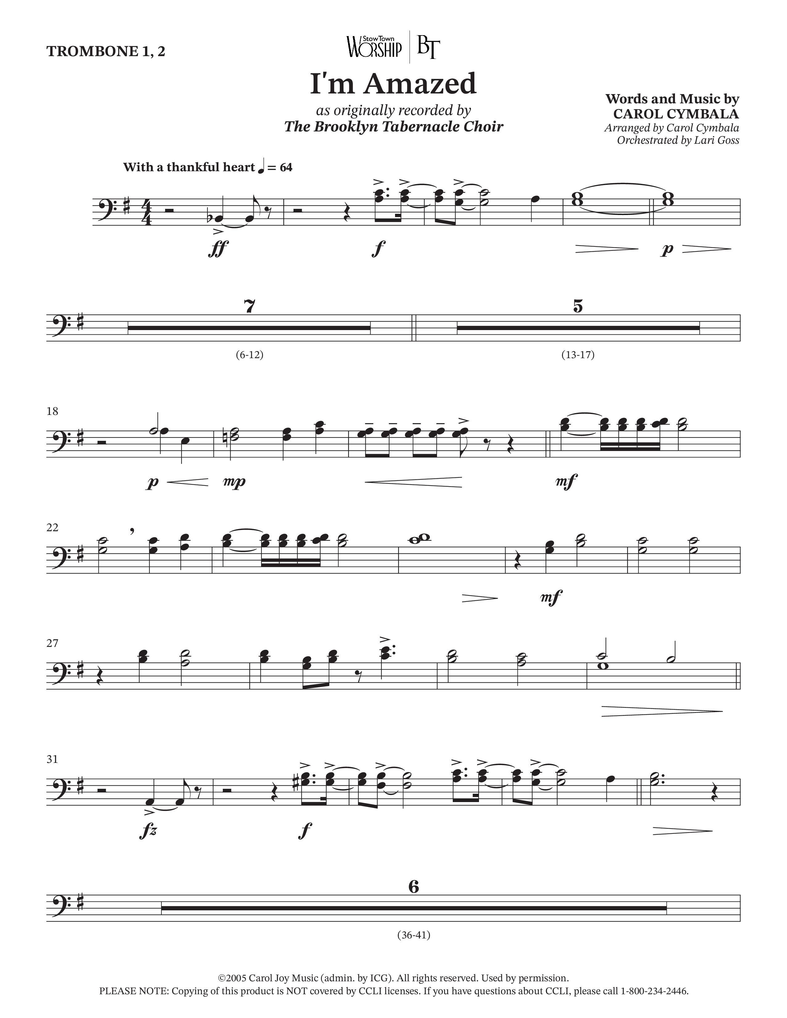 I'm Amazed (Choral Anthem SATB) Trombone 1/2 (The Brooklyn Tabernacle Choir / Jason Crabb / Arr. Carol Cymbala / Orch. Lari Goss)