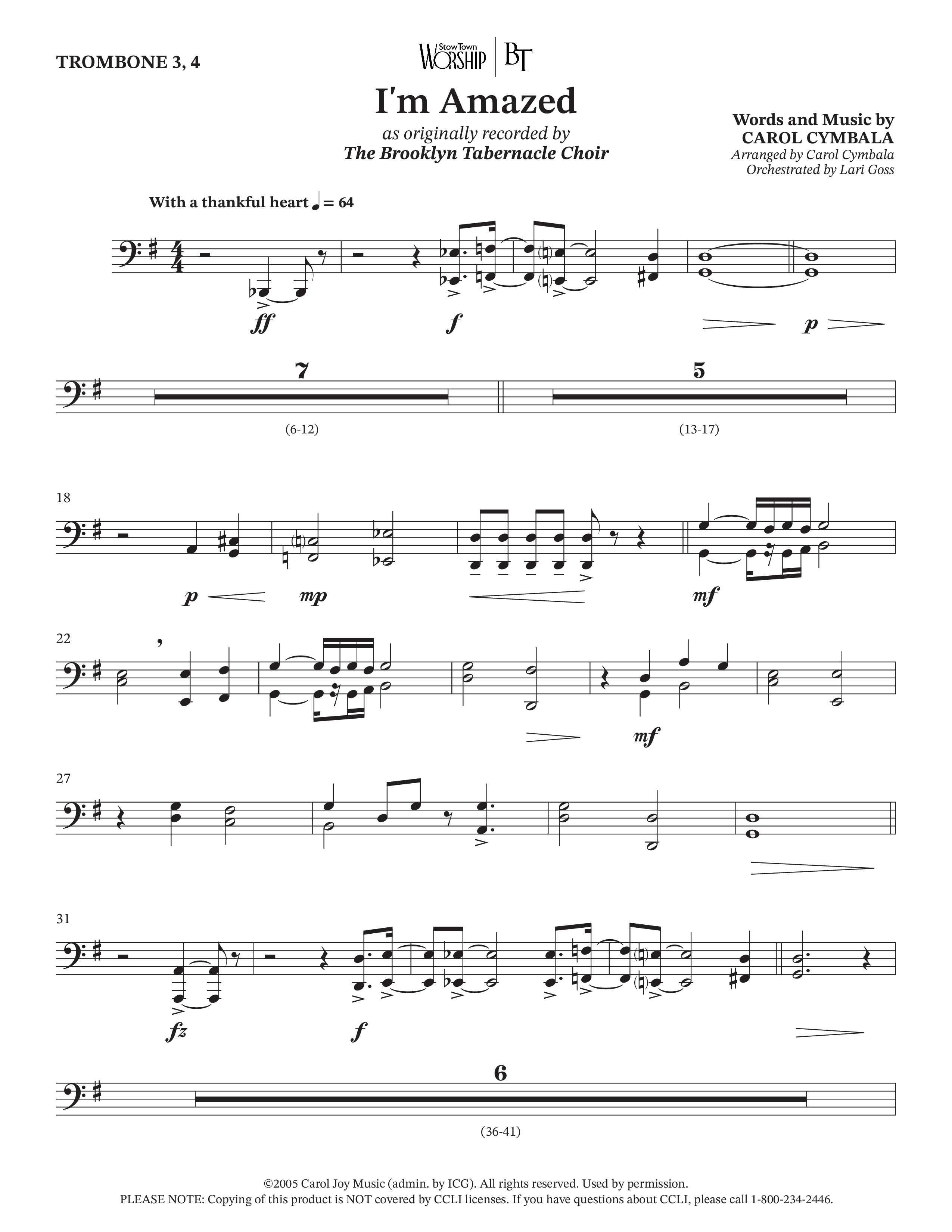 I'm Amazed (Choral Anthem SATB) Trombone 3/4 (The Brooklyn Tabernacle Choir / Jason Crabb / Arr. Carol Cymbala / Orch. Lari Goss)