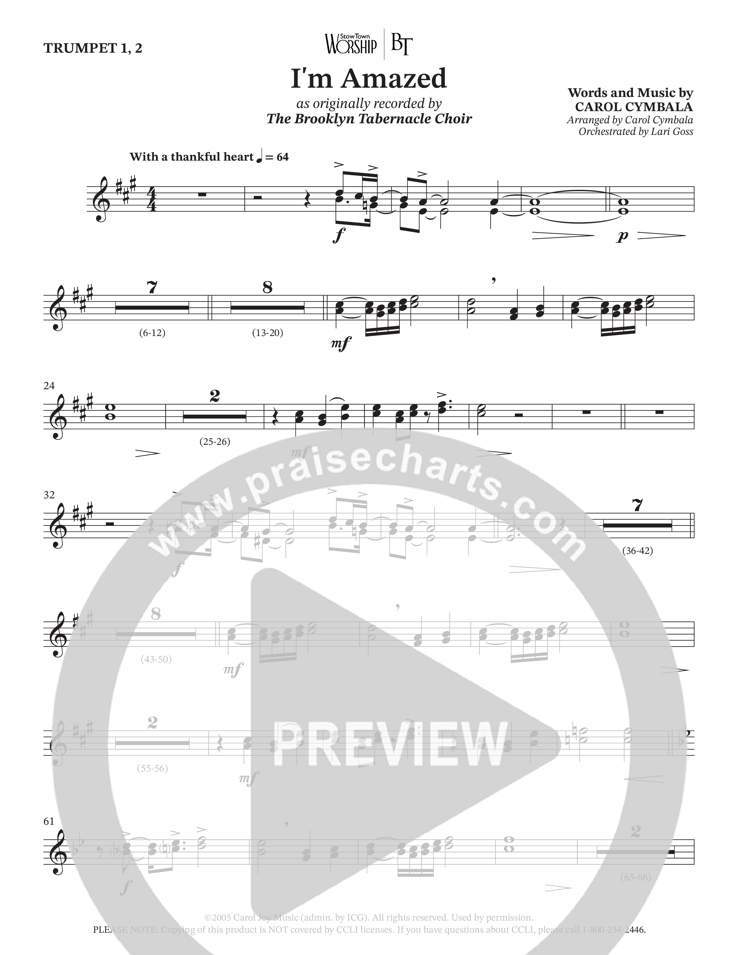 I'm Amazed (Choral Anthem SATB) Trumpet 1,2 (The Brooklyn Tabernacle Choir / Jason Crabb / Arr. Carol Cymbala / Orch. Lari Goss)