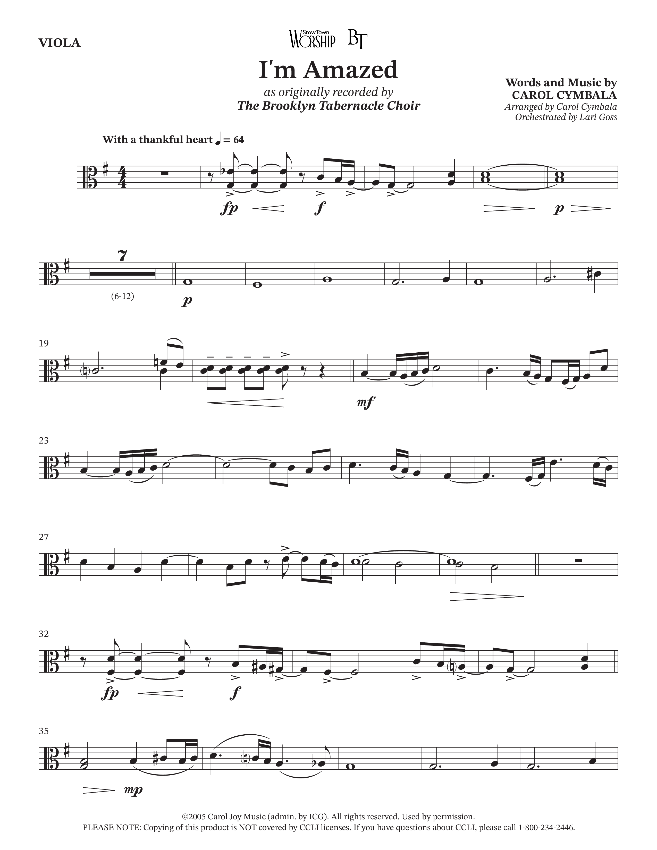 I'm Amazed (Choral Anthem SATB) Viola (The Brooklyn Tabernacle Choir / Jason Crabb / Arr. Carol Cymbala / Orch. Lari Goss)