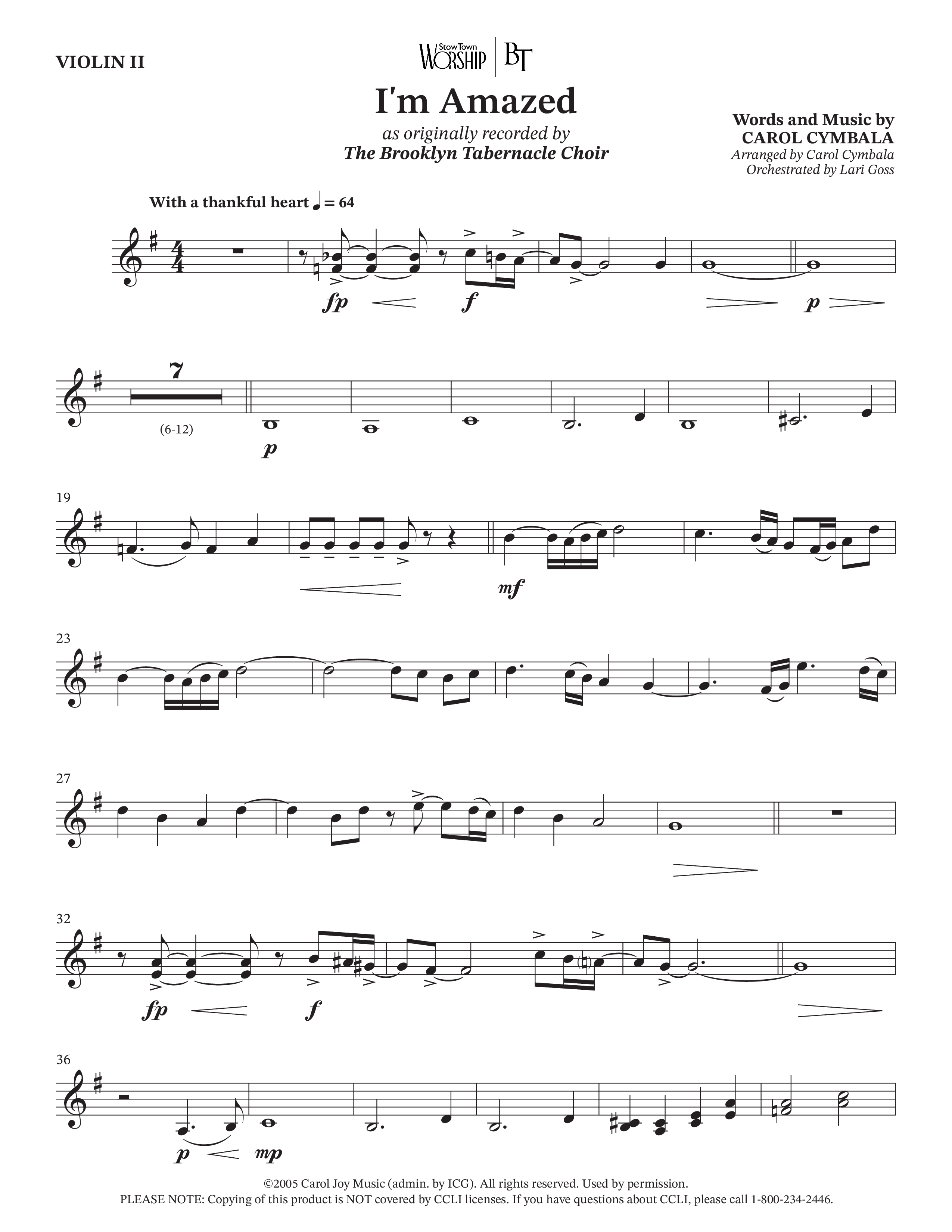 I'm Amazed (Choral Anthem SATB) Violin 2 (The Brooklyn Tabernacle Choir / Jason Crabb / Arr. Carol Cymbala / Orch. Lari Goss)