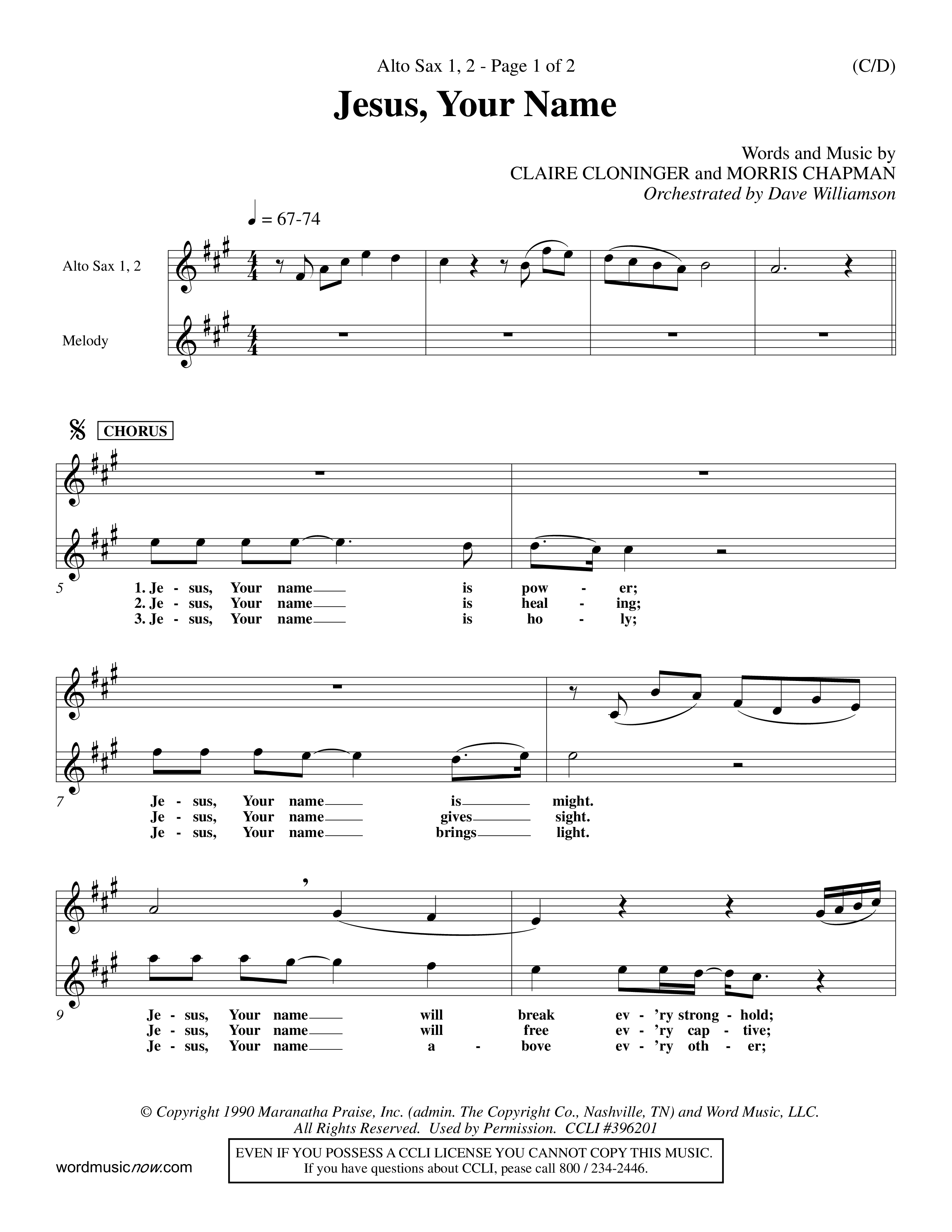 Jesus Your Name (Choral Anthem SATB) Alto Sax 1/2 (Word Music Choral / Orch. Dave Williamson)