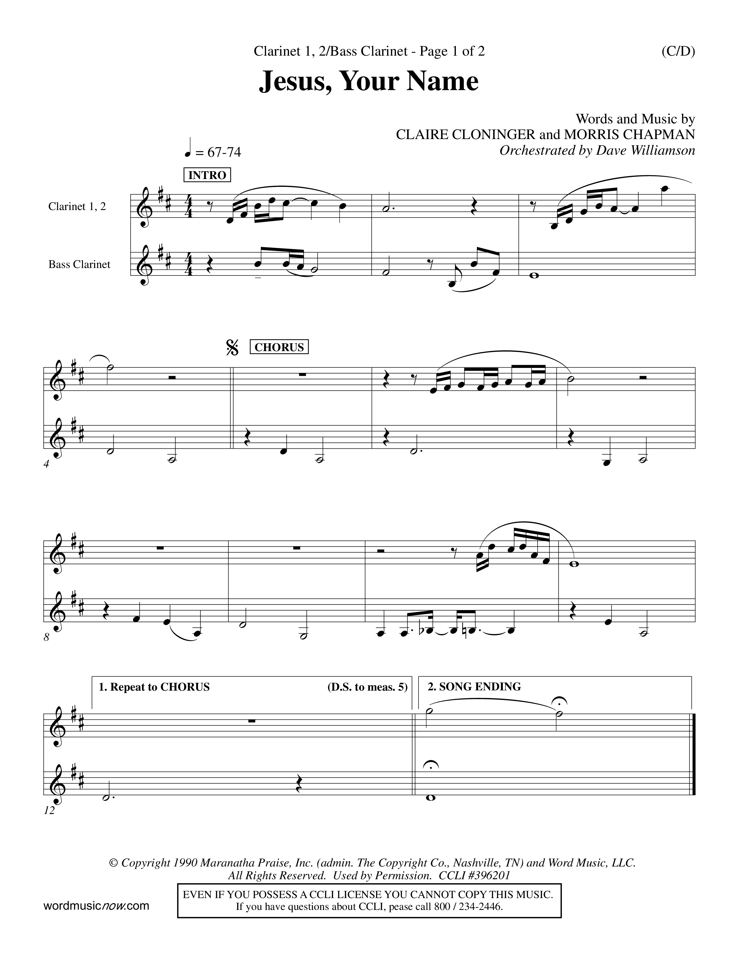Jesus Your Name (Choral Anthem SATB) Clarinet 1/2, Bass Clarinet (Word Music Choral / Orch. Dave Williamson)