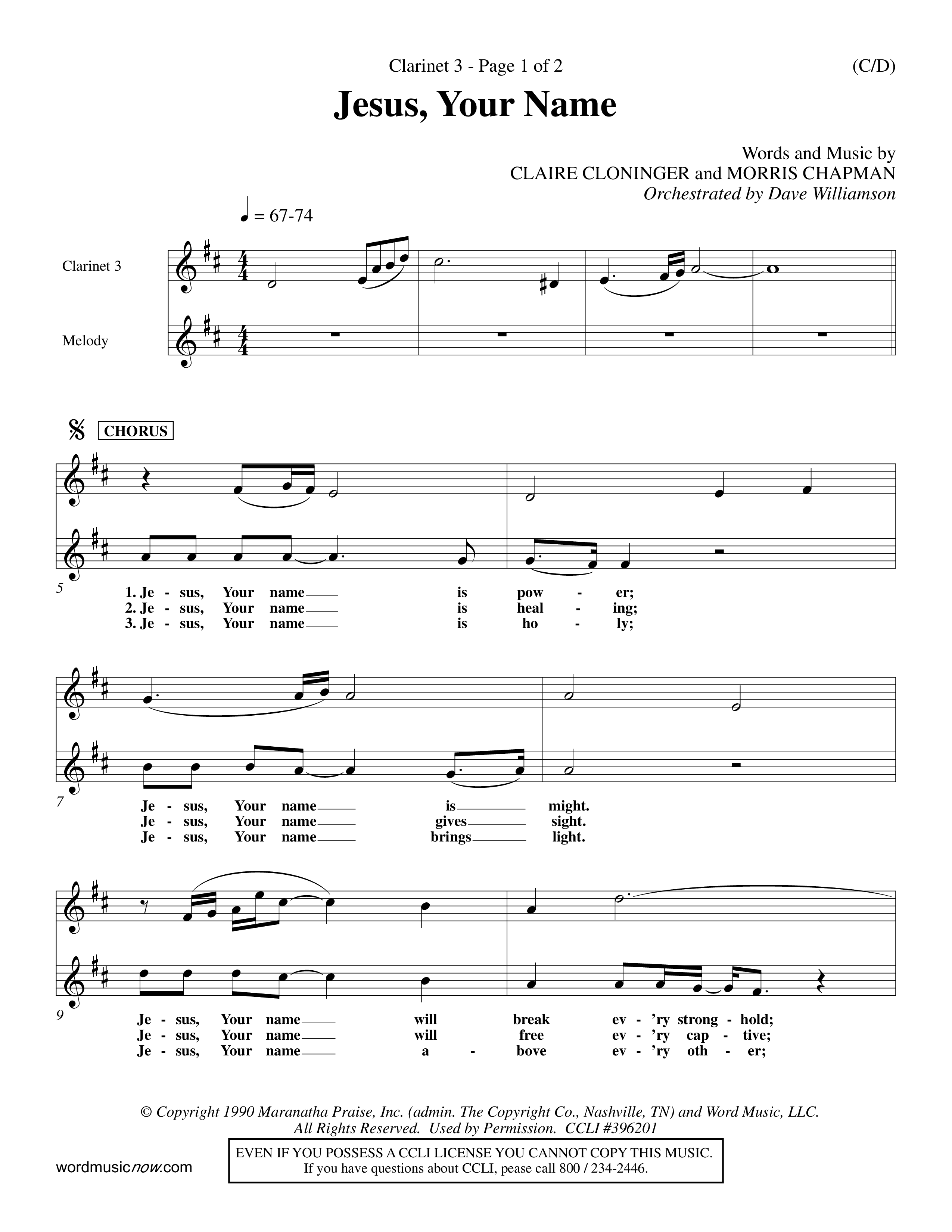 Jesus Your Name (Choral Anthem SATB) Clarinet 3 (Word Music Choral / Orch. Dave Williamson)