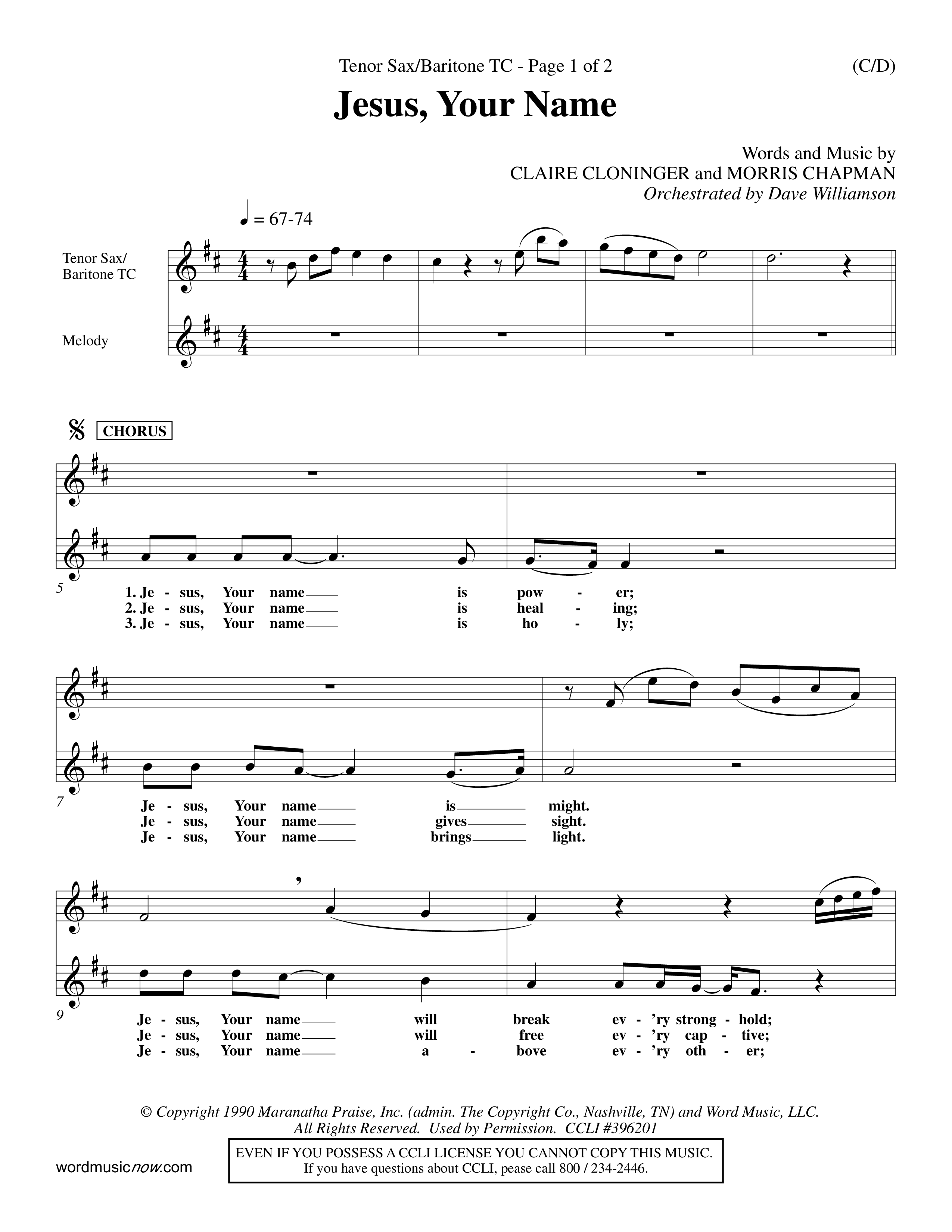 Jesus Your Name (Choral Anthem SATB) Tenor Sax/Baritone T.C. (Word Music Choral / Orch. Dave Williamson)