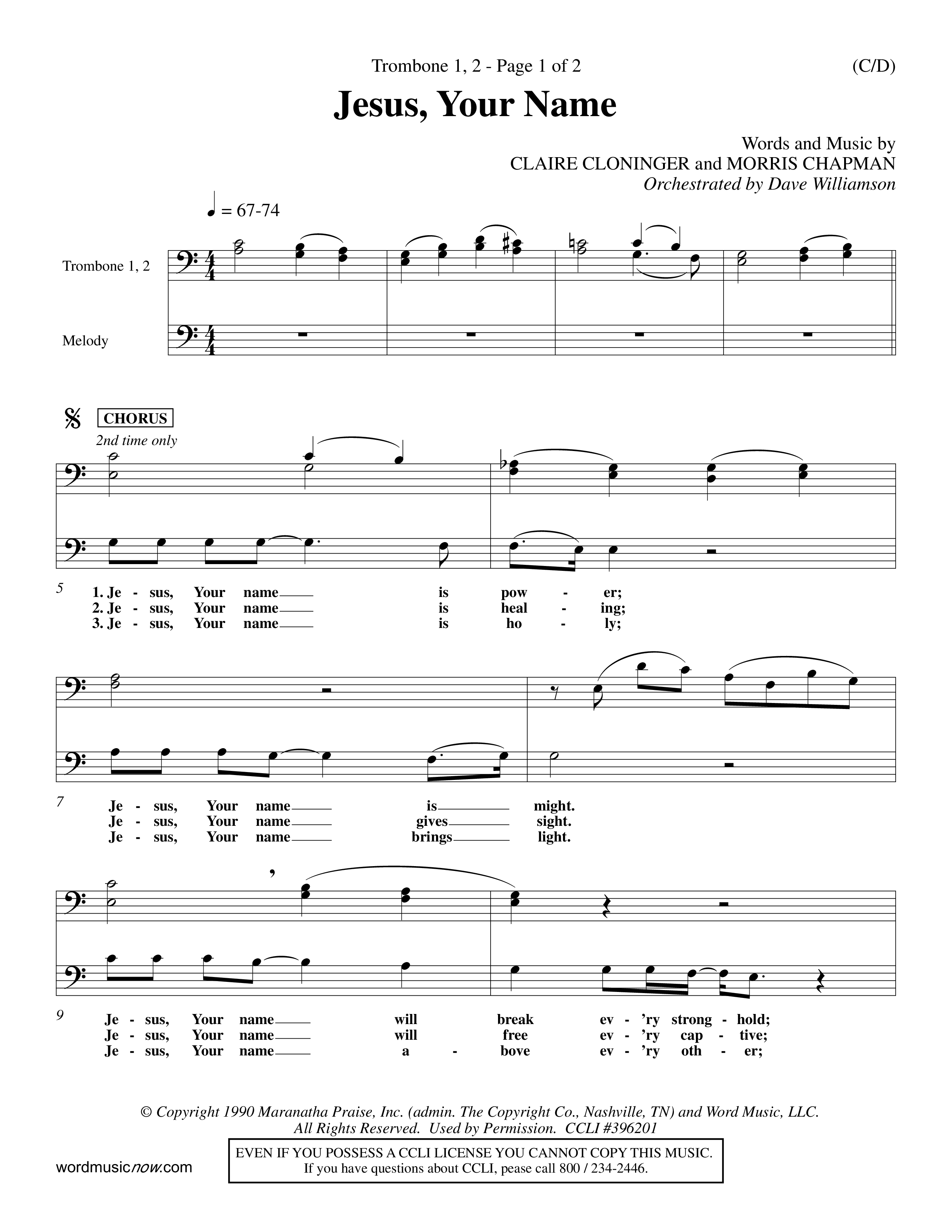 Jesus Your Name (Choral Anthem SATB) Trombone 1/2 (Word Music Choral / Orch. Dave Williamson)