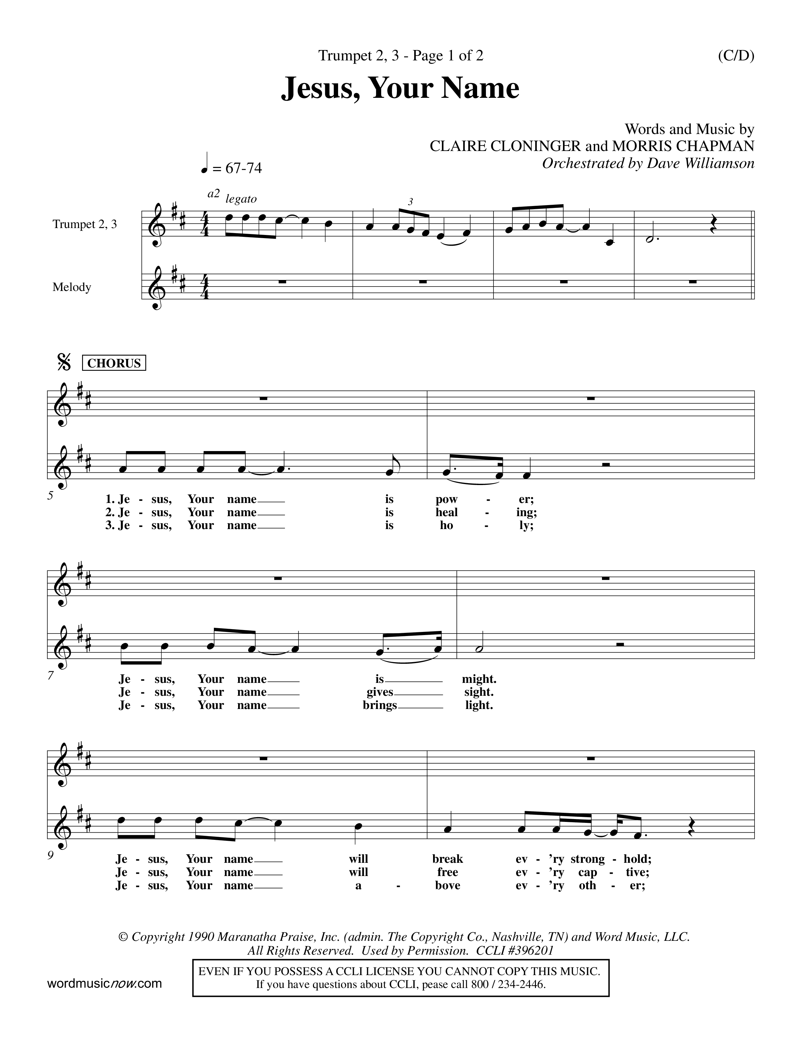 Jesus Your Name (Choral Anthem SATB) Trumpet 2/3 (Word Music Choral / Orch. Dave Williamson)