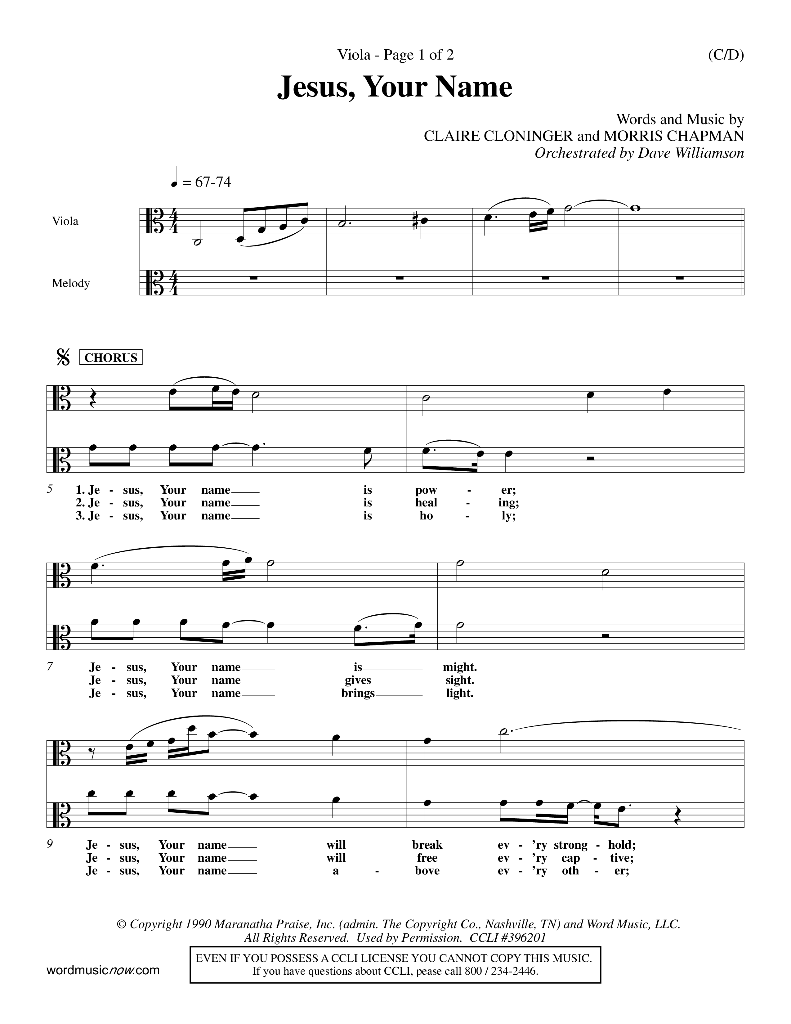 Jesus Your Name (Choral Anthem SATB) Viola (Word Music Choral / Orch. Dave Williamson)