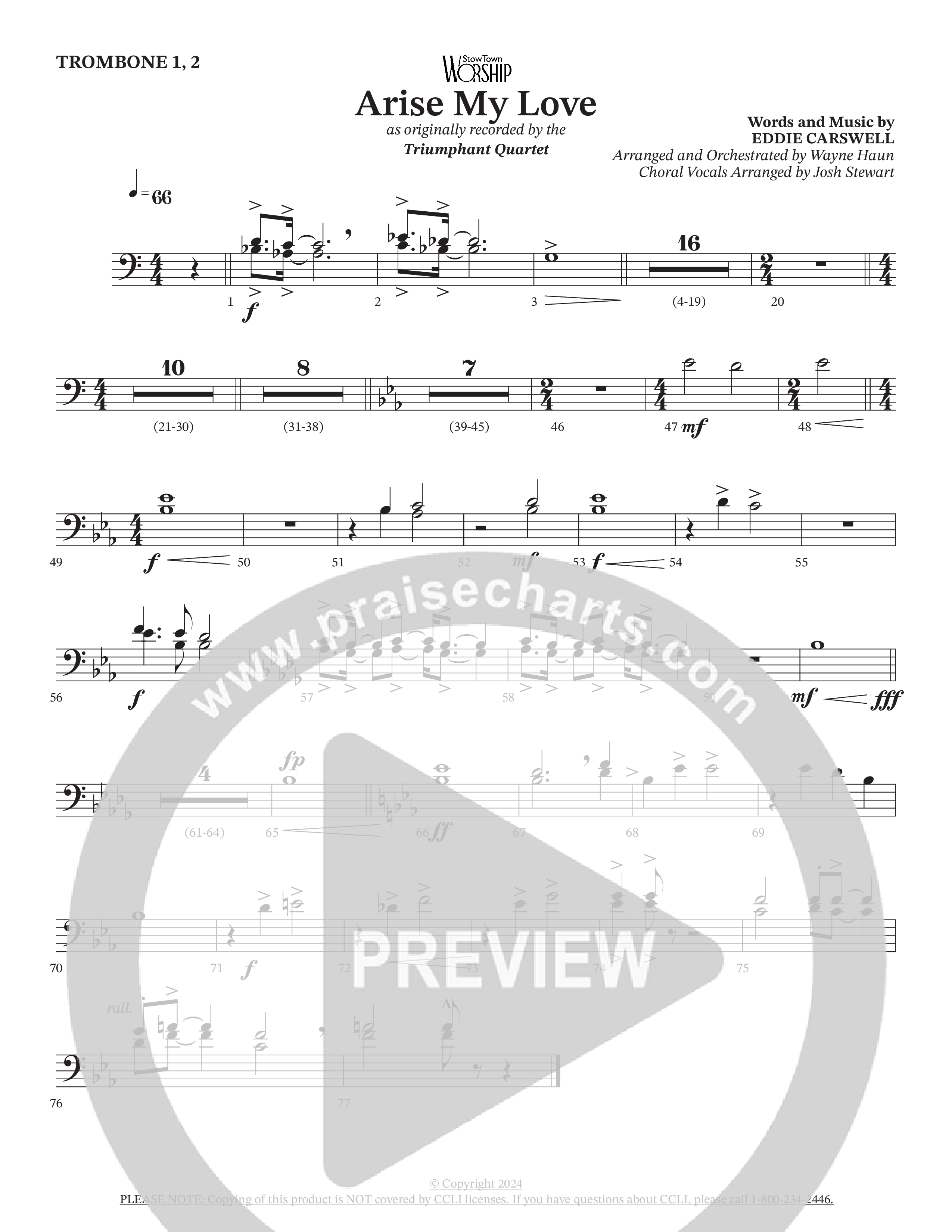 Arise My Love (Choral Anthem SATB) Trombone 1/2 (Triumphant Quartet / Arr. Wayne Haun / Arr. Josh Stewart)