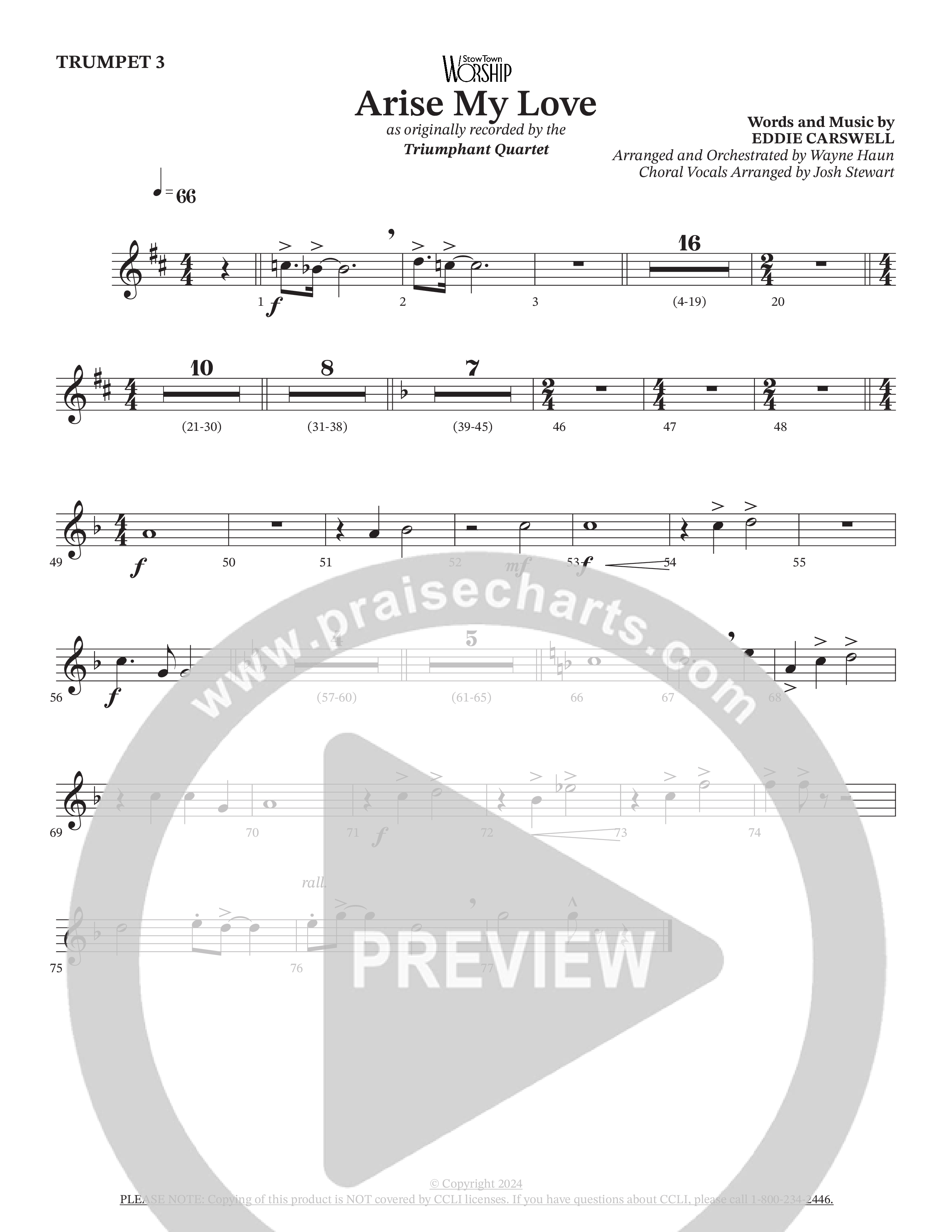 Arise My Love (Choral Anthem SATB) Trumpet 3 (Triumphant Quartet / Arr. Wayne Haun / Arr. Josh Stewart)
