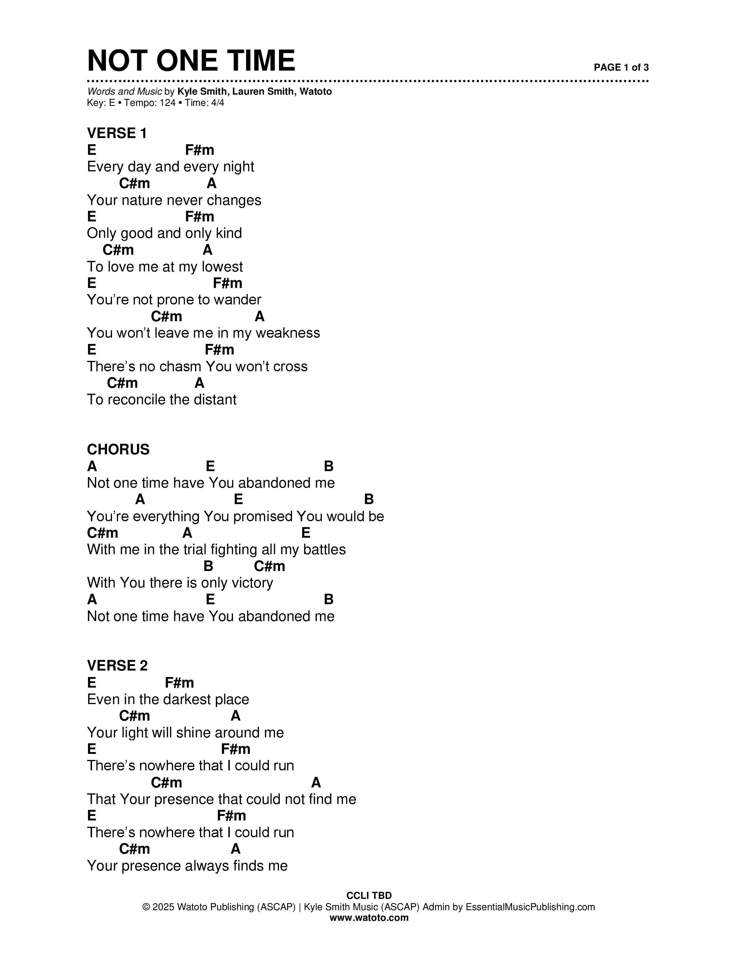 Not One Time (Live) Chord Chart (Brad & Rebekah / CCV Worship / Watoto)