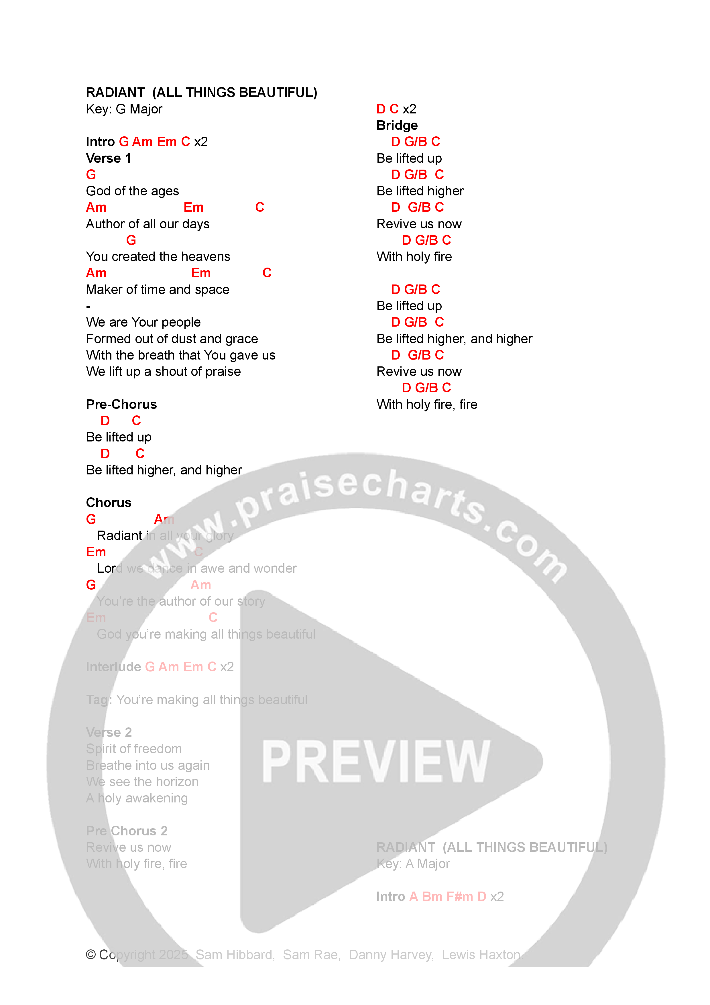 Radiant (All Things Beautiful) Chord Chart (Sam Hibbard)