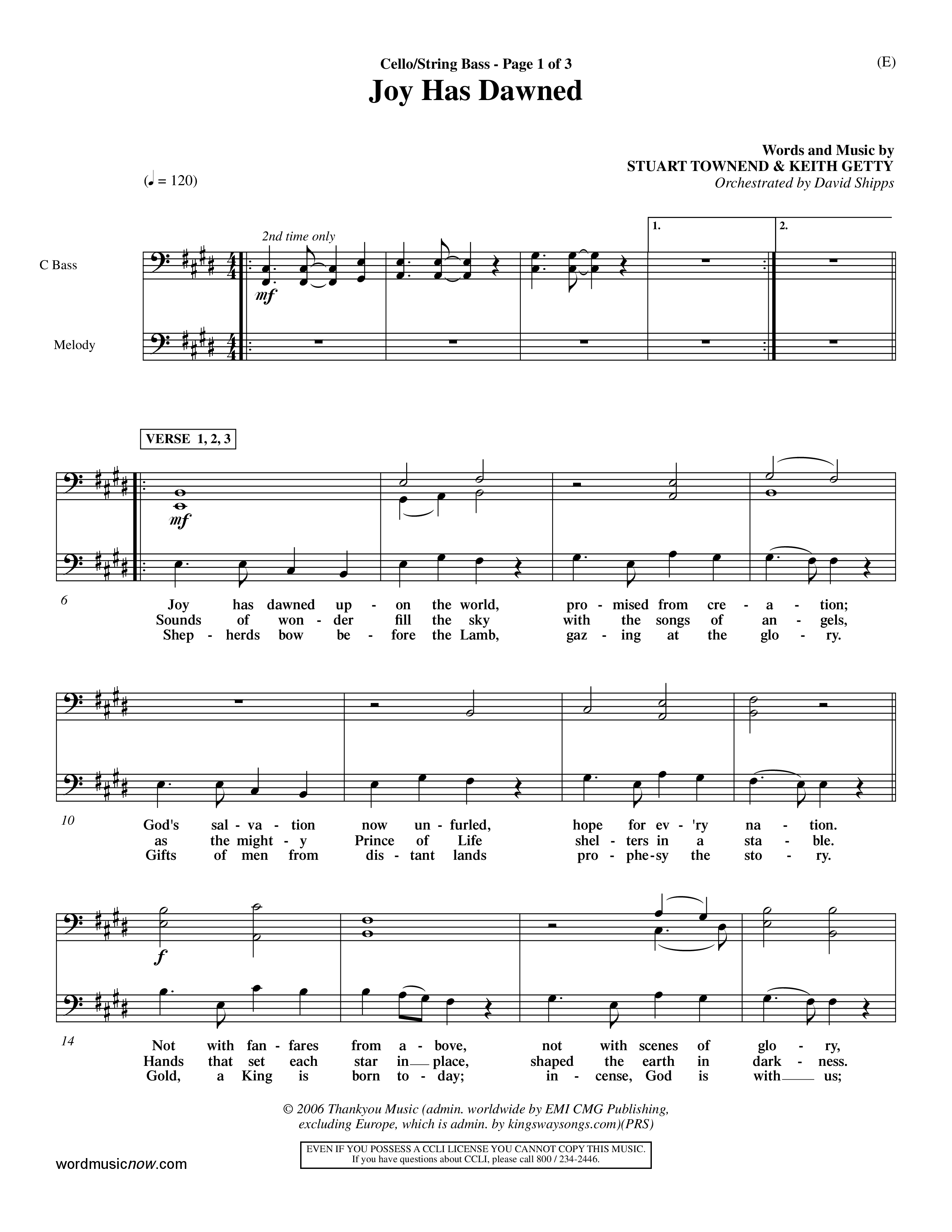 Joy Has Dawned (Choral Anthem SATB) Cello/Bass (Word Music Choral / Orch. David Shipps)