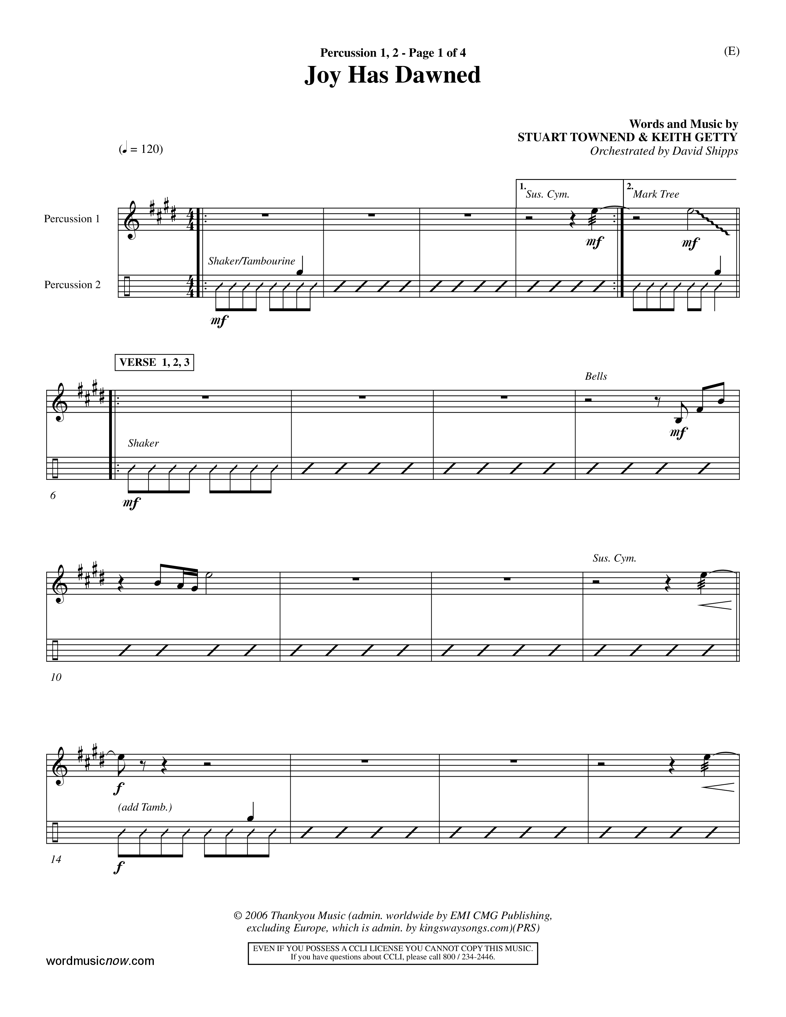 Joy Has Dawned (Choral Anthem SATB) Percussion 1/2 (Word Music Choral / Orch. David Shipps)