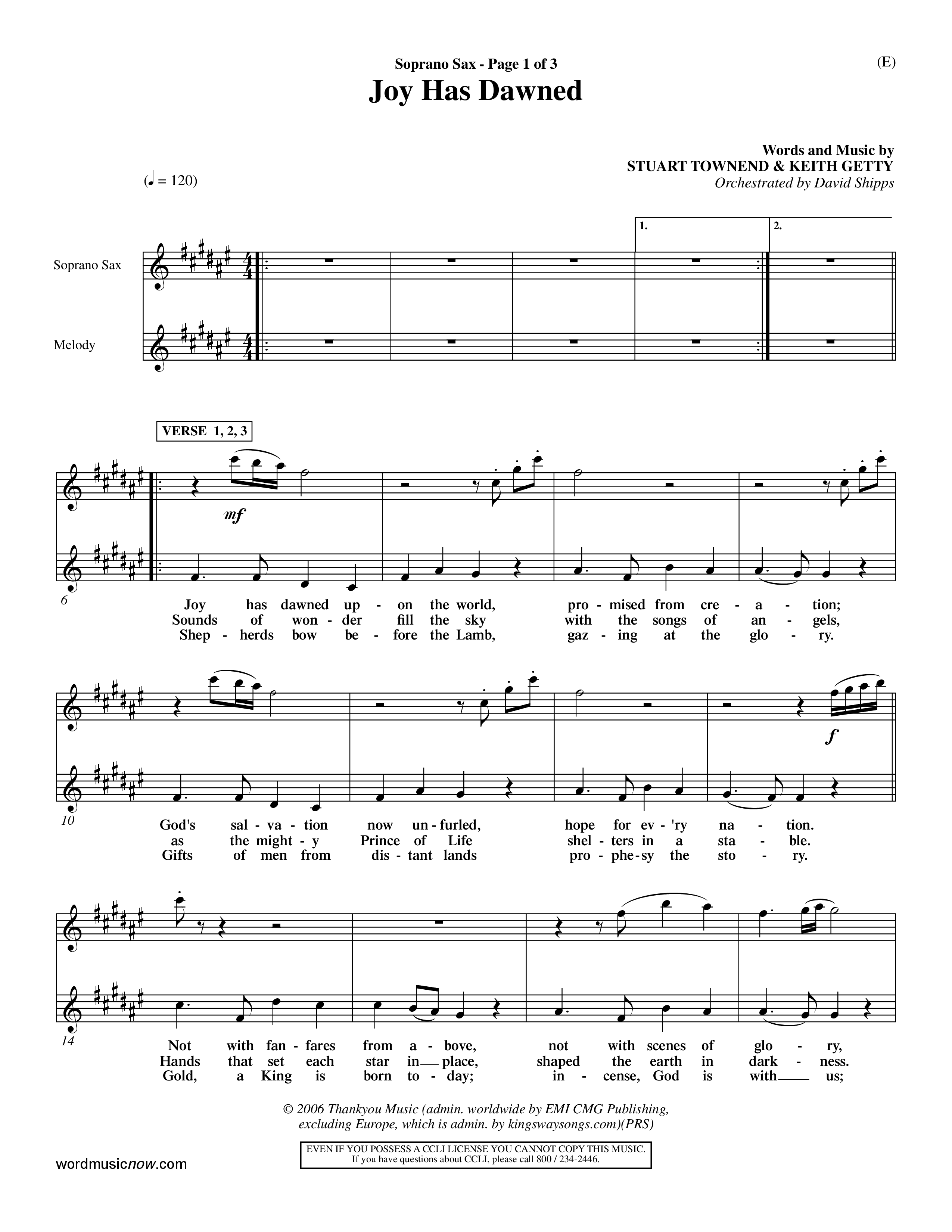 Joy Has Dawned (Choral Anthem SATB) Saxophone (Word Music Choral / Orch. David Shipps)