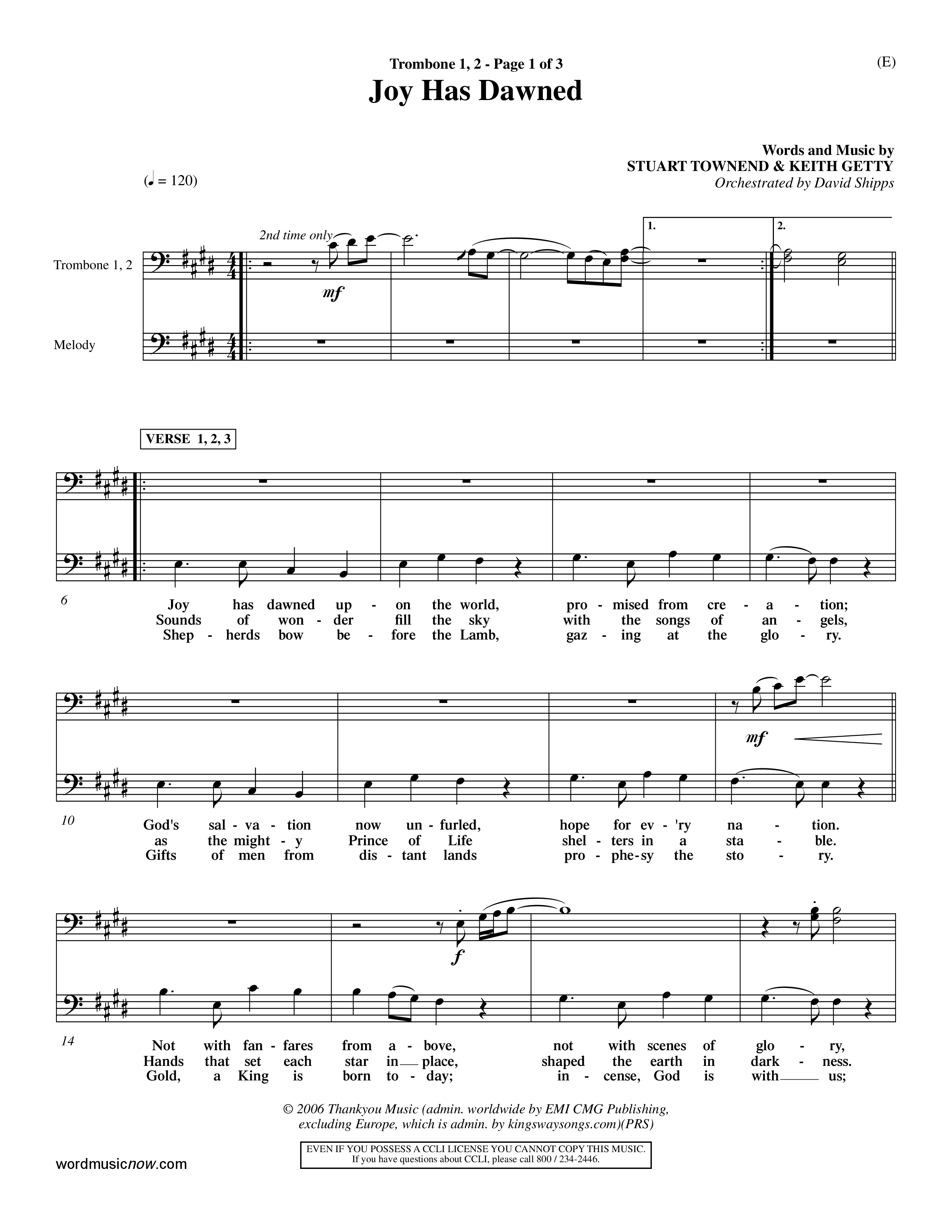 Joy Has Dawned (Choral Anthem SATB) Trombone 1/2 (Word Music Choral / Orch. David Shipps)