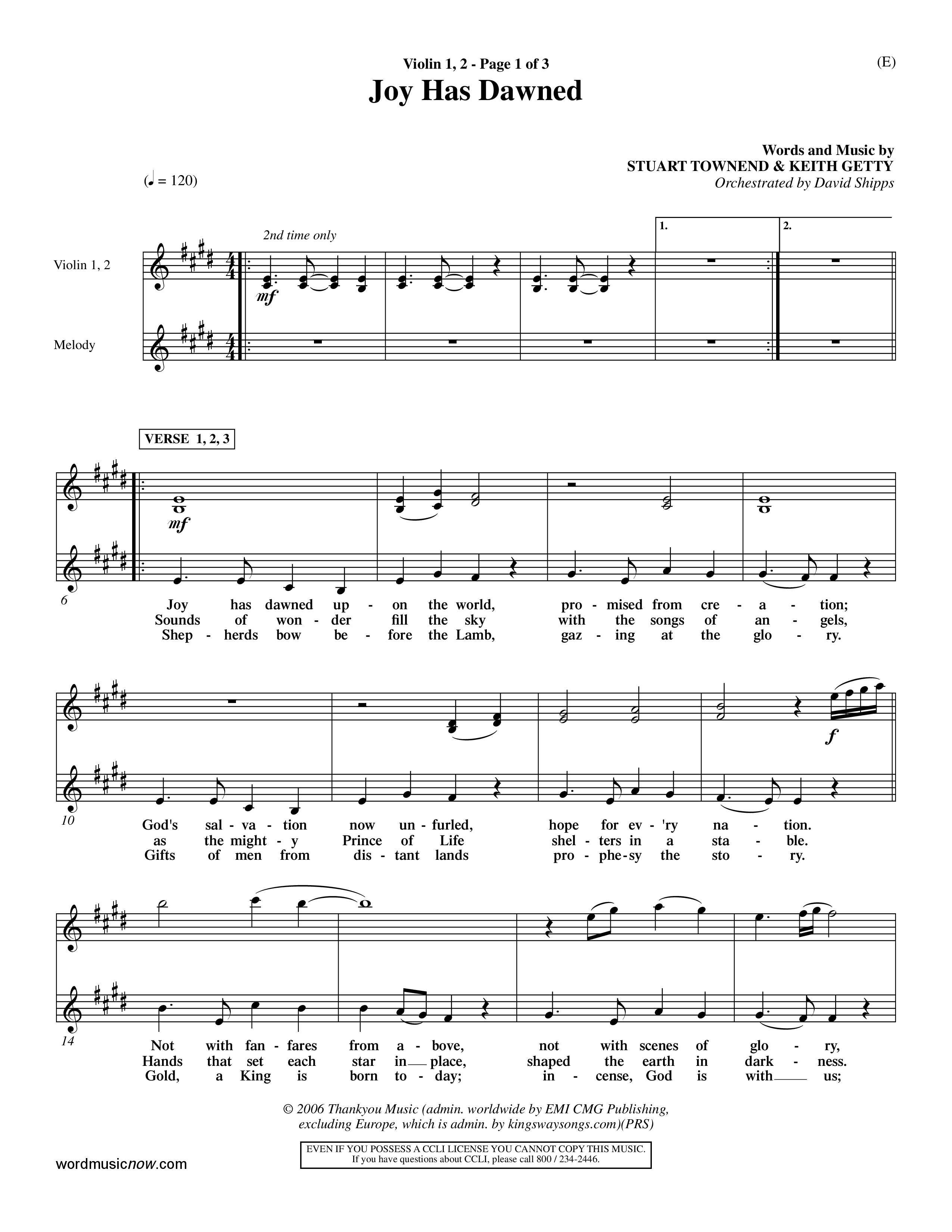 Joy Has Dawned (Choral Anthem SATB) Violin 1/2 (Word Music Choral / Orch. David Shipps)