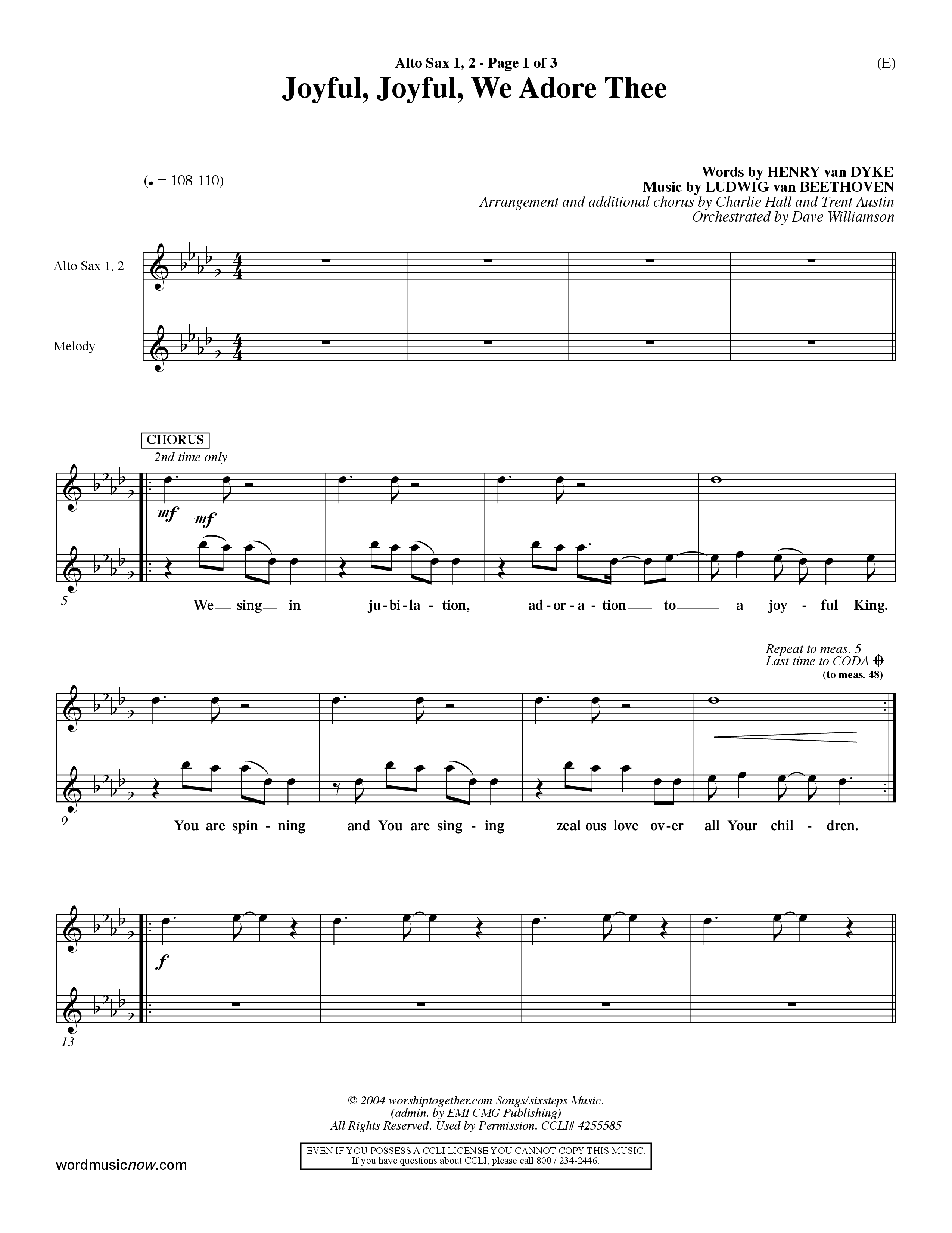 Joyful Joyful We Adore Thee (Choral Anthem SATB) Alto Sax 1/2 (Word Music Choral / Orch. Dave Williamson)