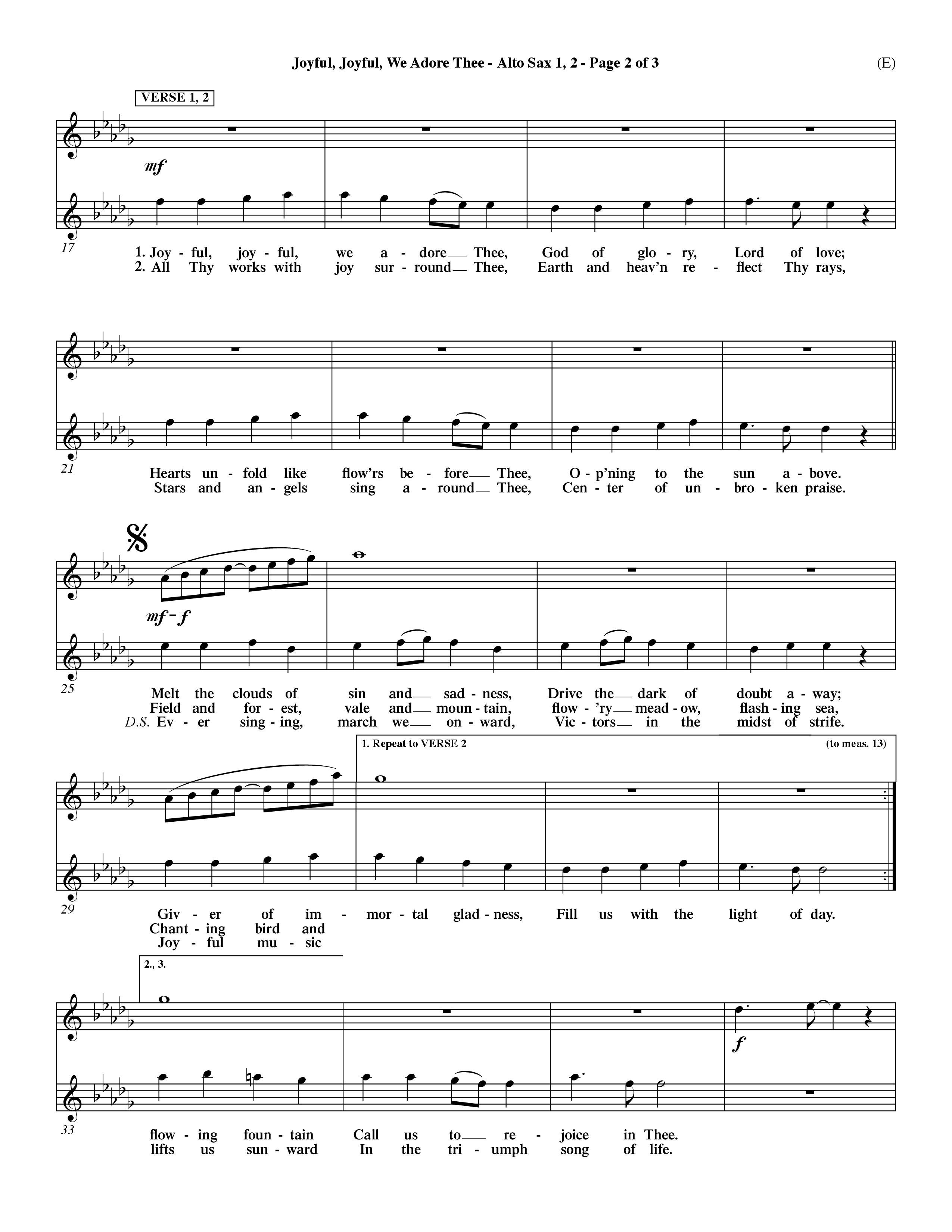 Joyful Joyful We Adore Thee (Choral Anthem SATB) Alto Sax 1/2 (Word Music Choral / Orch. Dave Williamson)