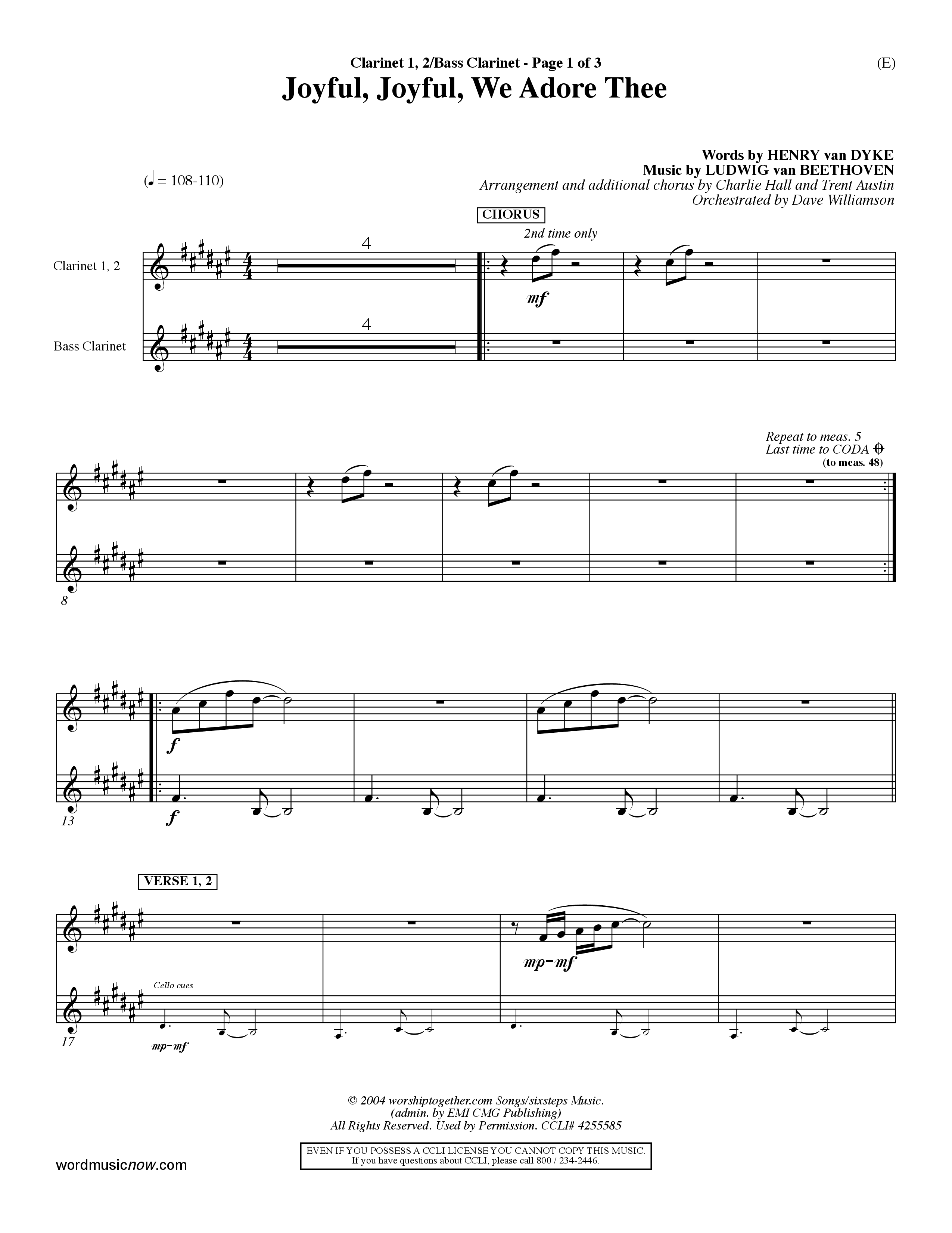 Joyful Joyful We Adore Thee (Choral Anthem SATB) Clarinet 1/2, Bass Clarinet (Word Music Choral / Orch. Dave Williamson)