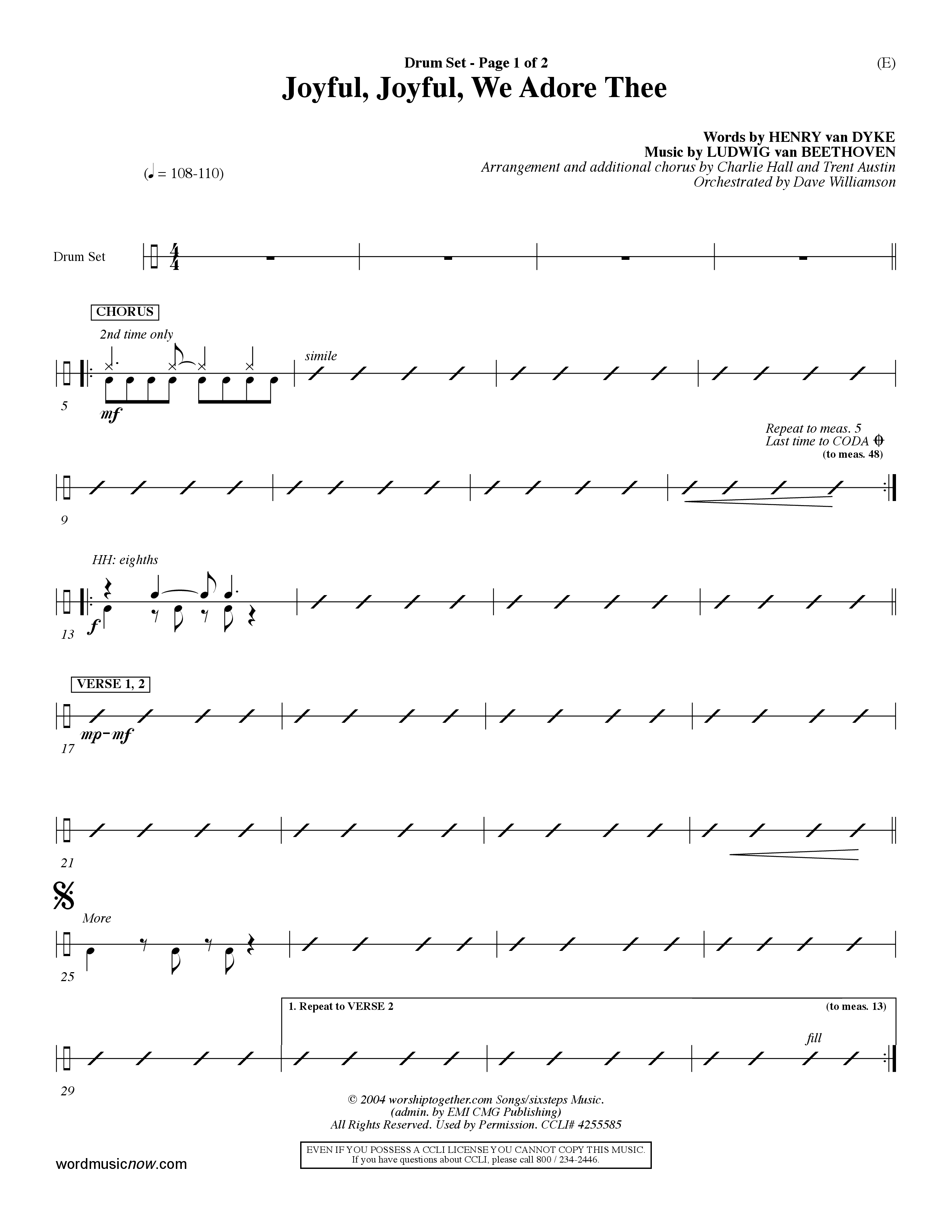 Joyful Joyful We Adore Thee (Choral Anthem SATB) Drum Set (Word Music Choral / Orch. Dave Williamson)