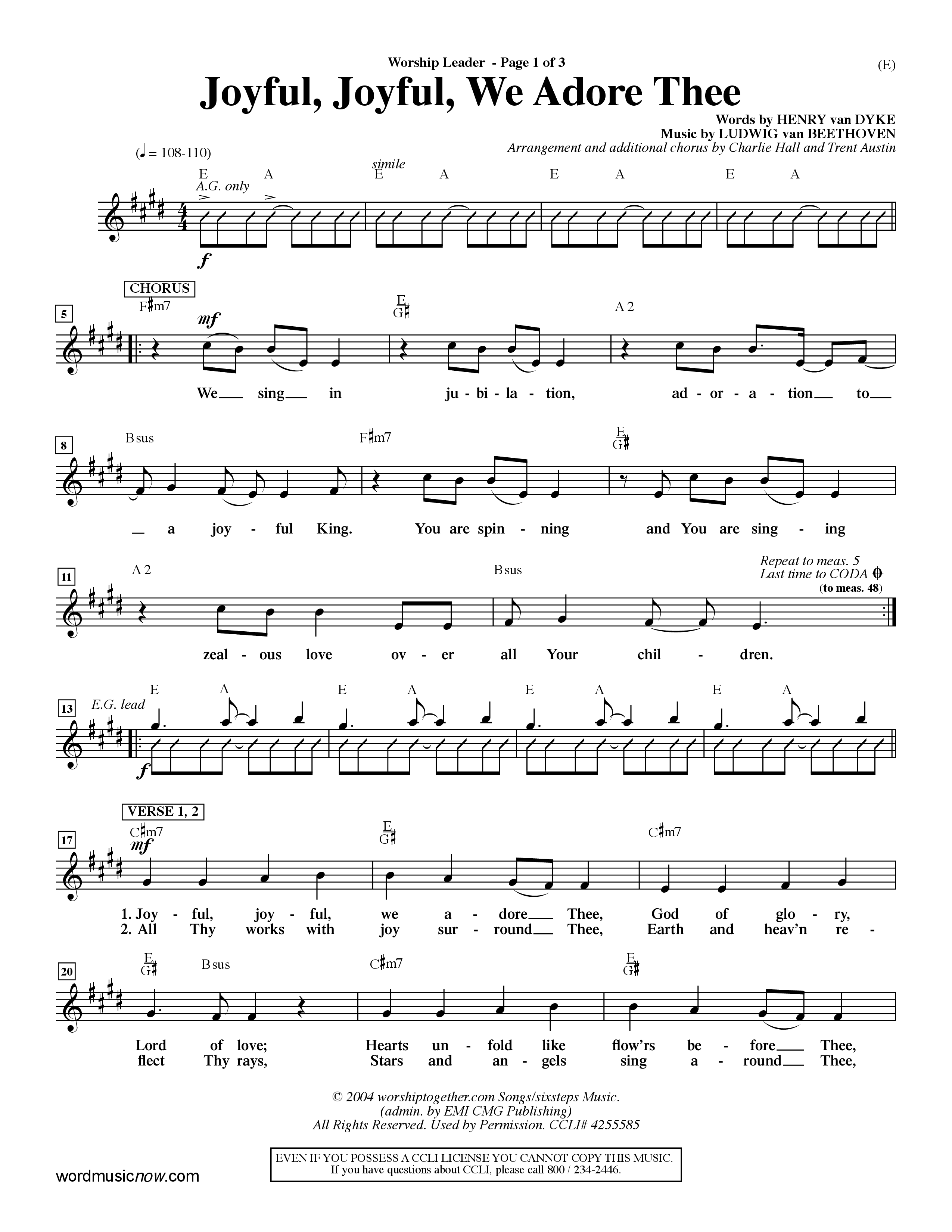 Joyful Joyful We Adore Thee (Choral Anthem SATB) Lead Sheet (Mel) (Word Music Choral / Orch. Dave Williamson)
