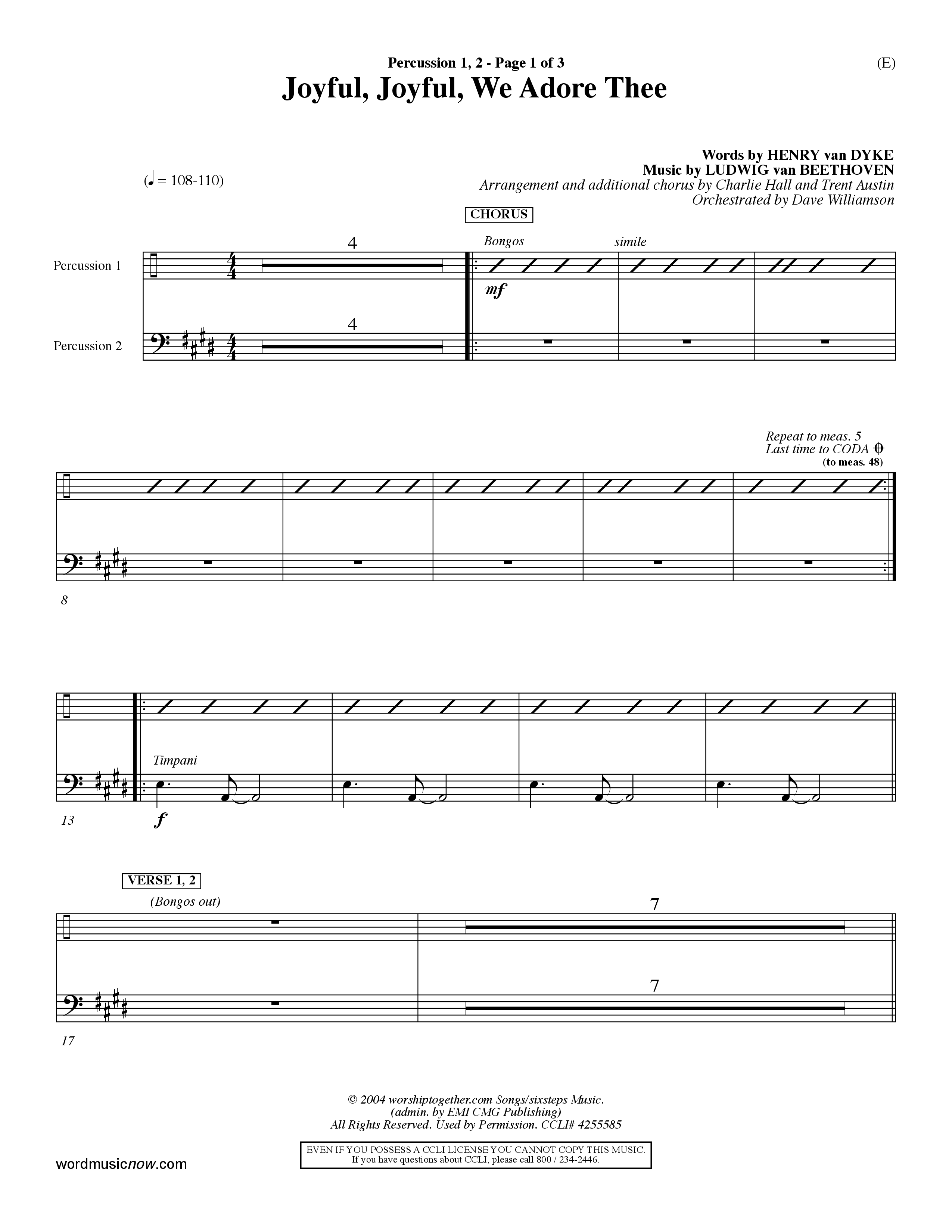 Joyful Joyful We Adore Thee (Choral Anthem SATB) Percussion 1/2 (Word Music Choral / Orch. Dave Williamson)