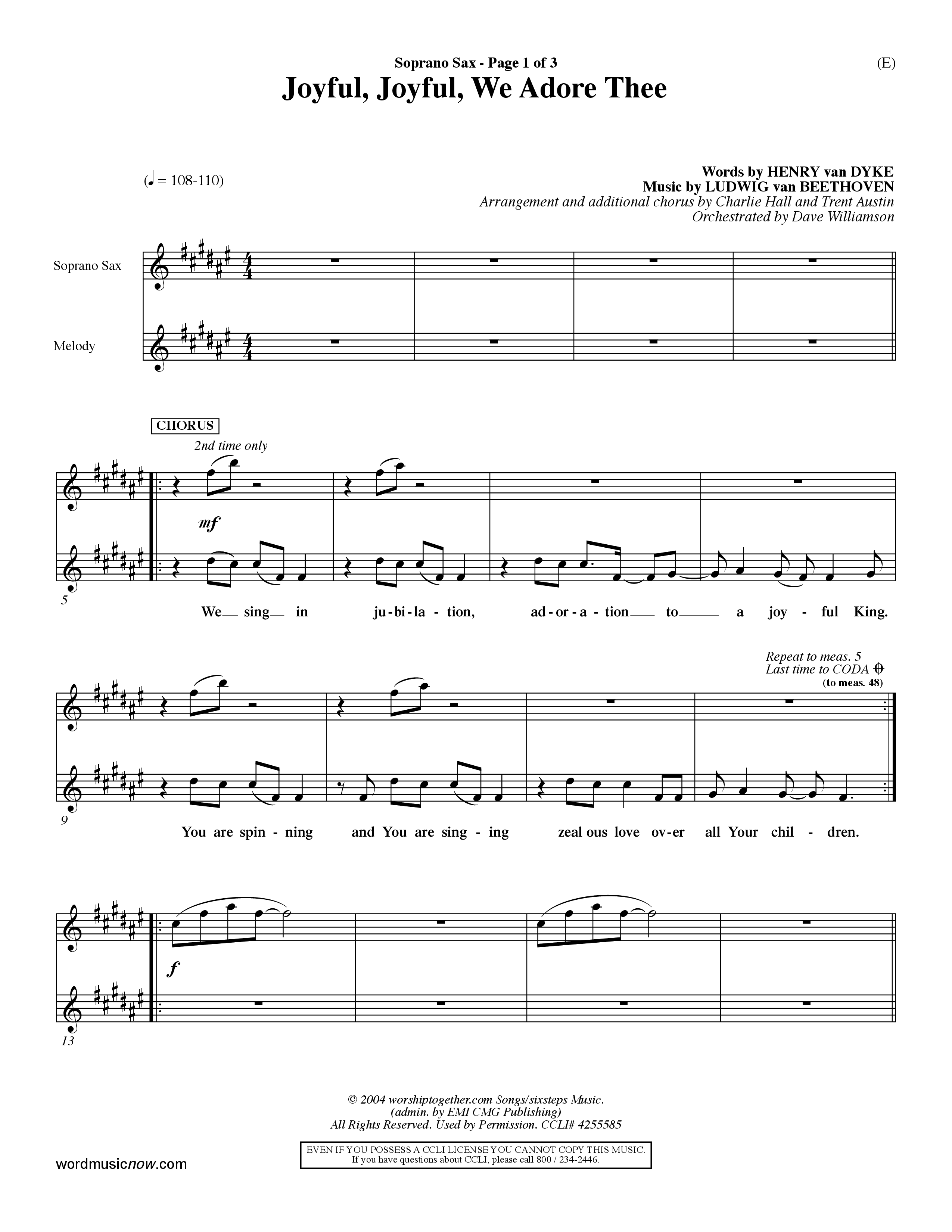 Joyful Joyful We Adore Thee (Choral Anthem SATB) Saxophone (Word Music Choral / Orch. Dave Williamson)