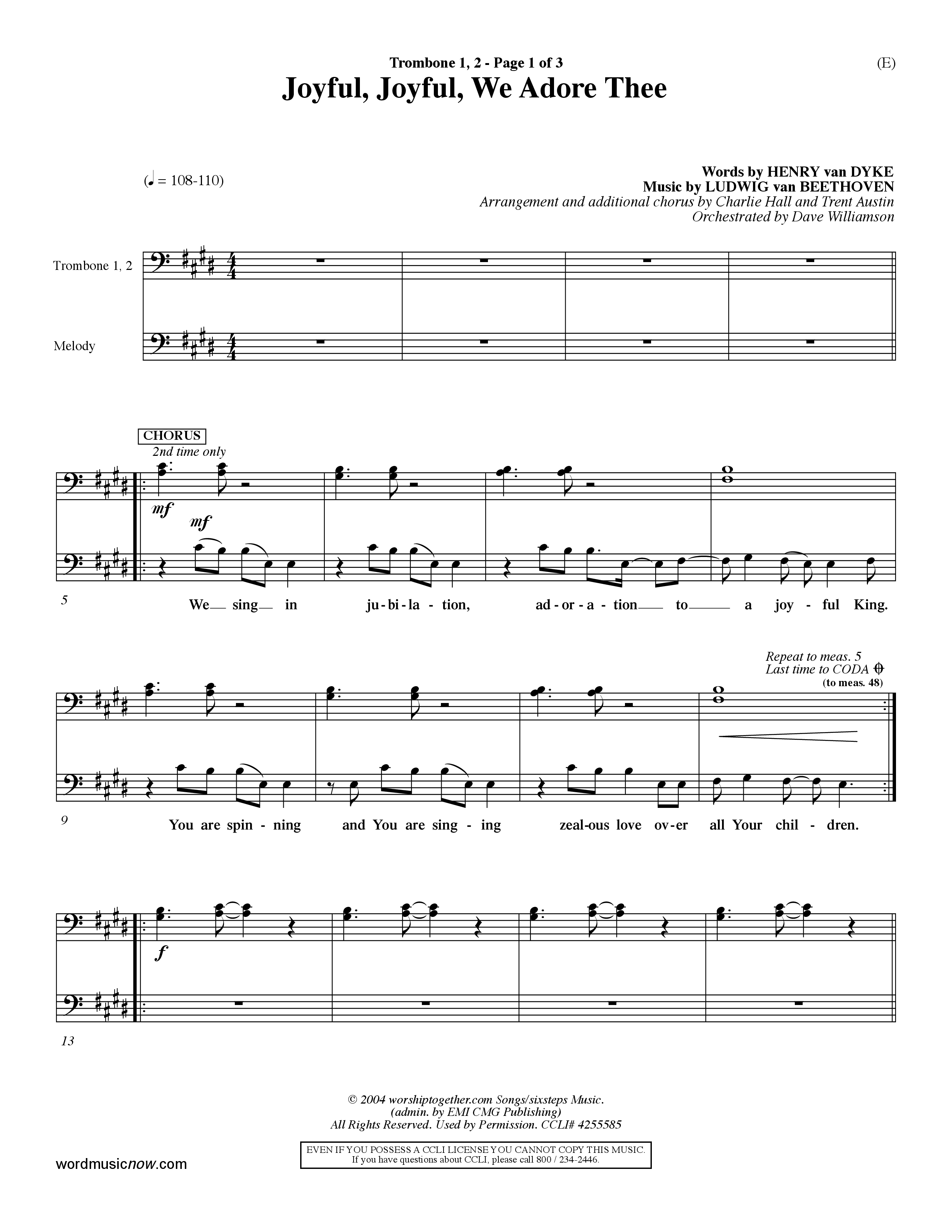 Joyful Joyful We Adore Thee (Choral Anthem SATB) Trombone 1/2 (Word Music Choral / Orch. Dave Williamson)