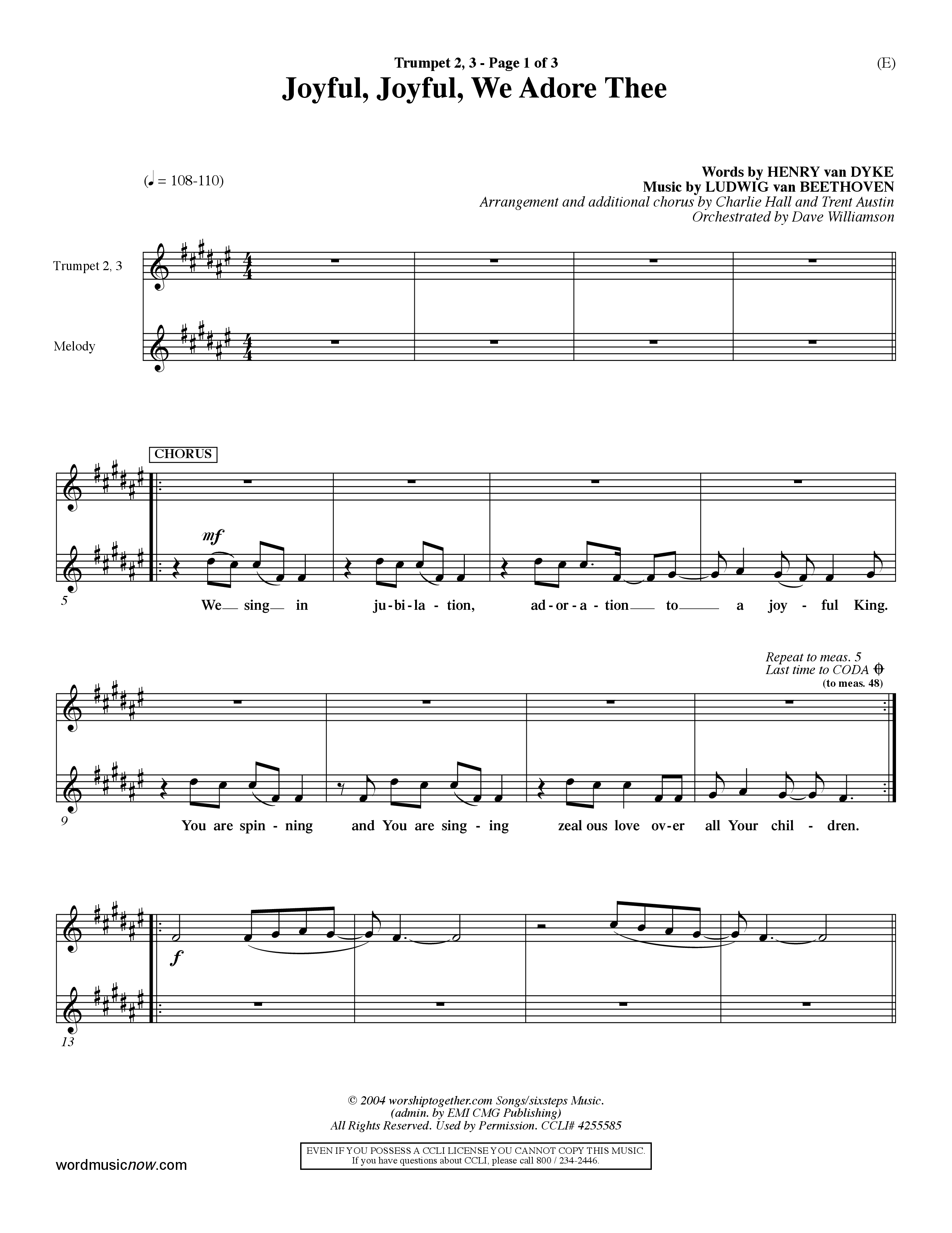 Joyful Joyful We Adore Thee (Choral Anthem SATB) Trumpet 2/3 (Word Music Choral / Orch. Dave Williamson)