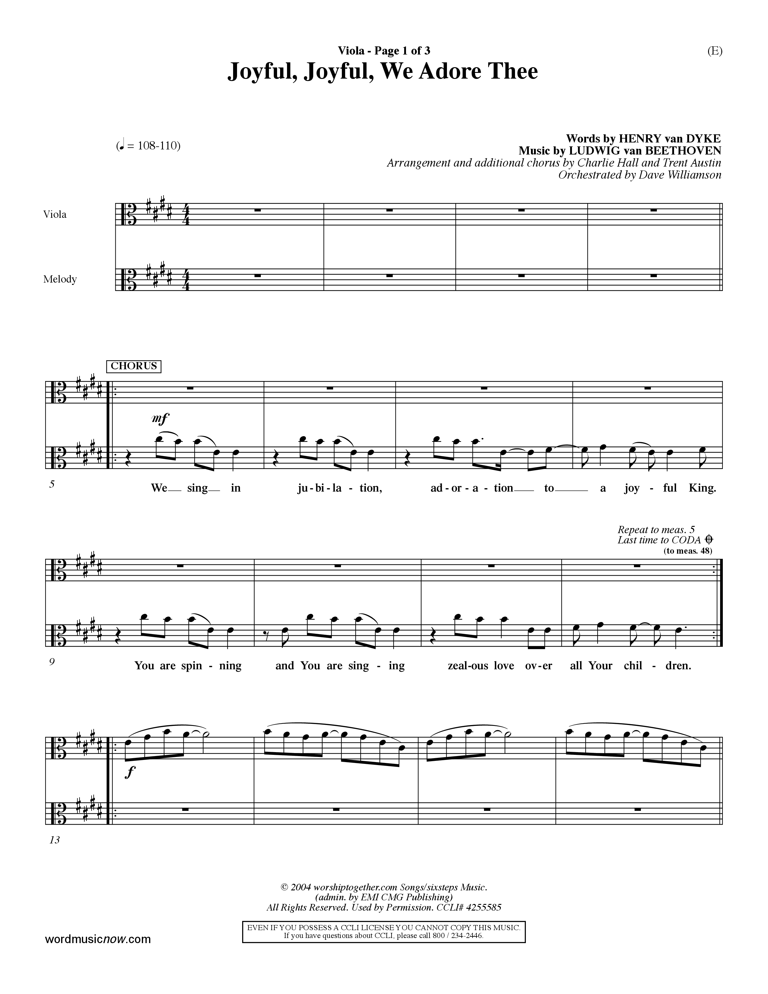 Joyful Joyful We Adore Thee (Choral Anthem SATB) Viola (Word Music Choral / Orch. Dave Williamson)