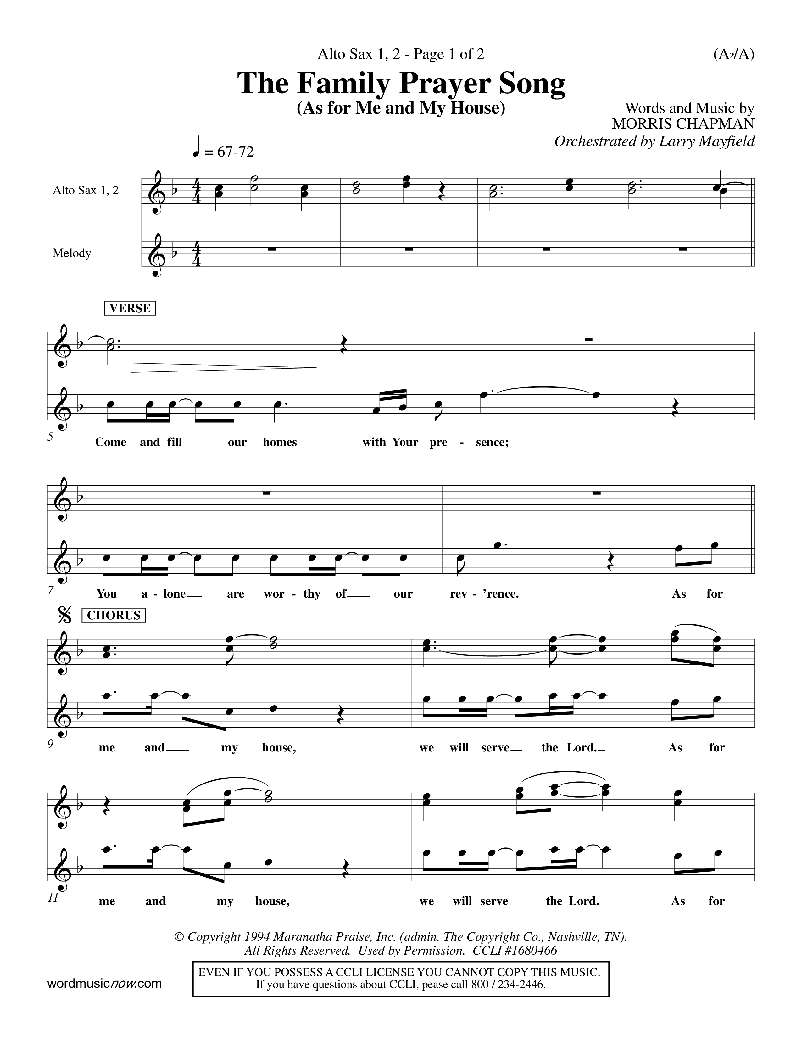 The Family Prayer Song (Choral Anthem SATB) Alto Sax 1/2 (Word Music Choral / Orch. Larry Mayfield)