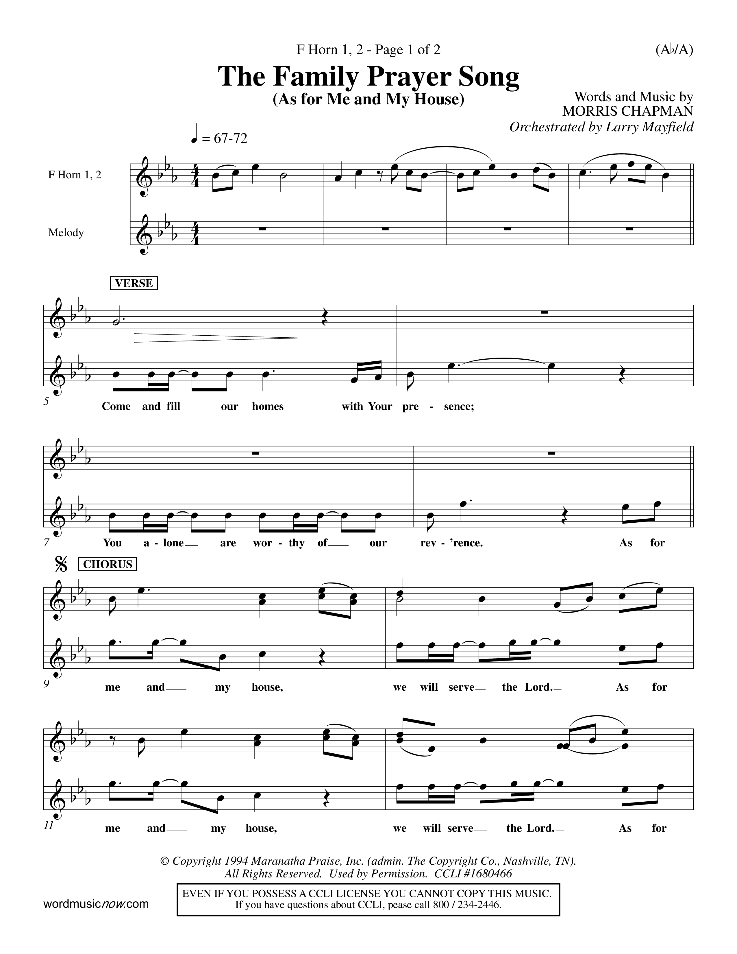The Family Prayer Song (Choral Anthem SATB) French Horn (Word Music Choral / Orch. Larry Mayfield)
