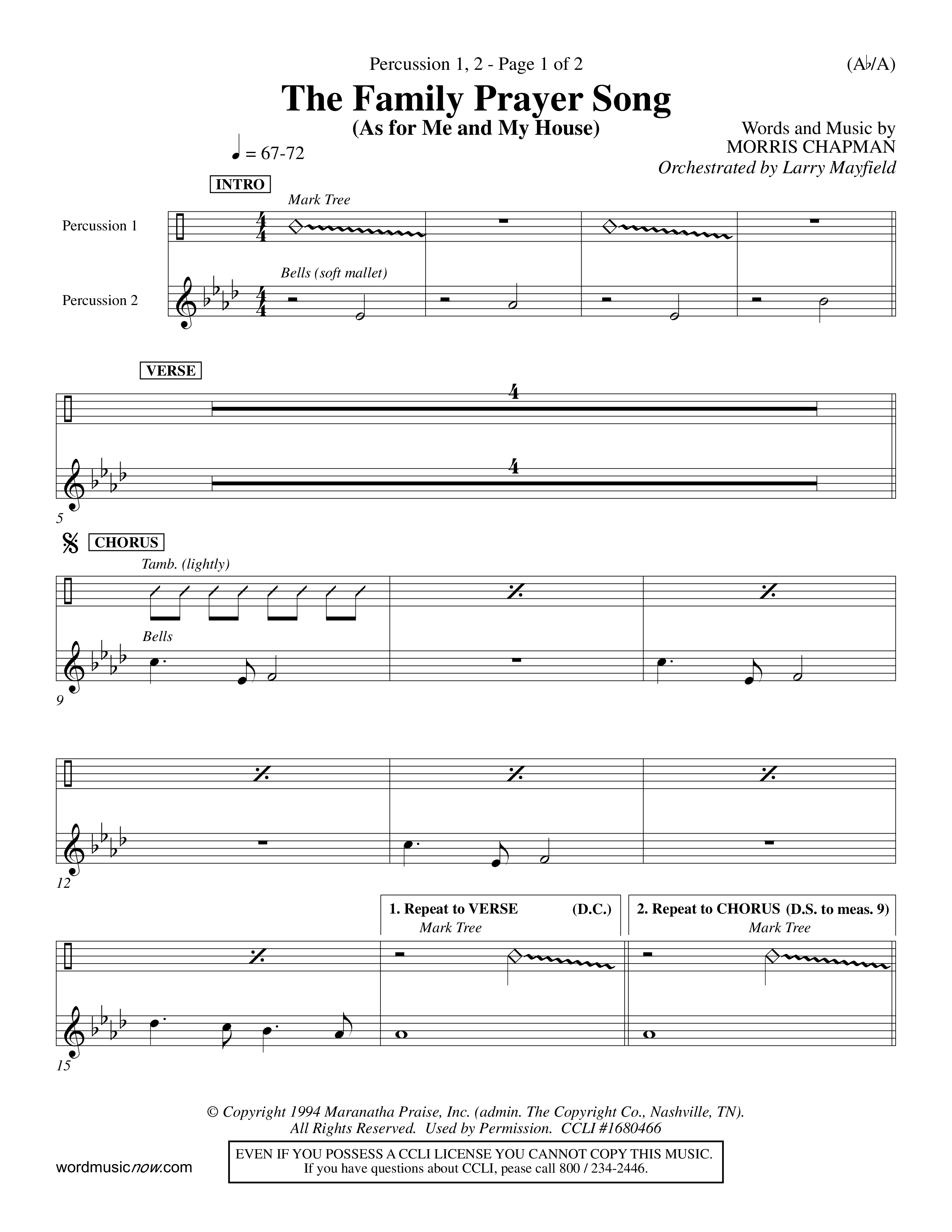 The Family Prayer Song (Choral Anthem SATB) Percussion 1/2 (Word Music Choral / Orch. Larry Mayfield)