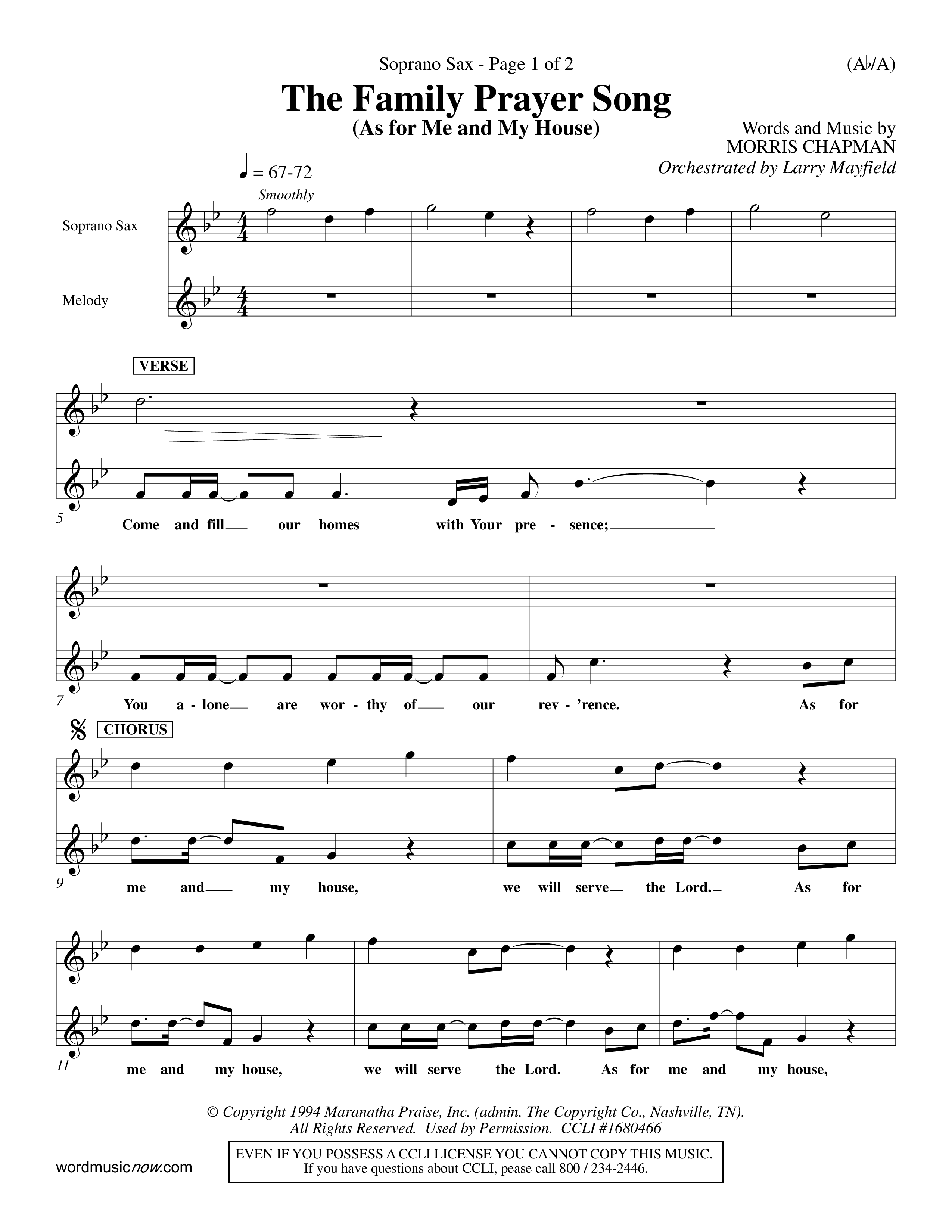 The Family Prayer Song (Choral Anthem SATB) Saxophone (Word Music Choral / Orch. Larry Mayfield)