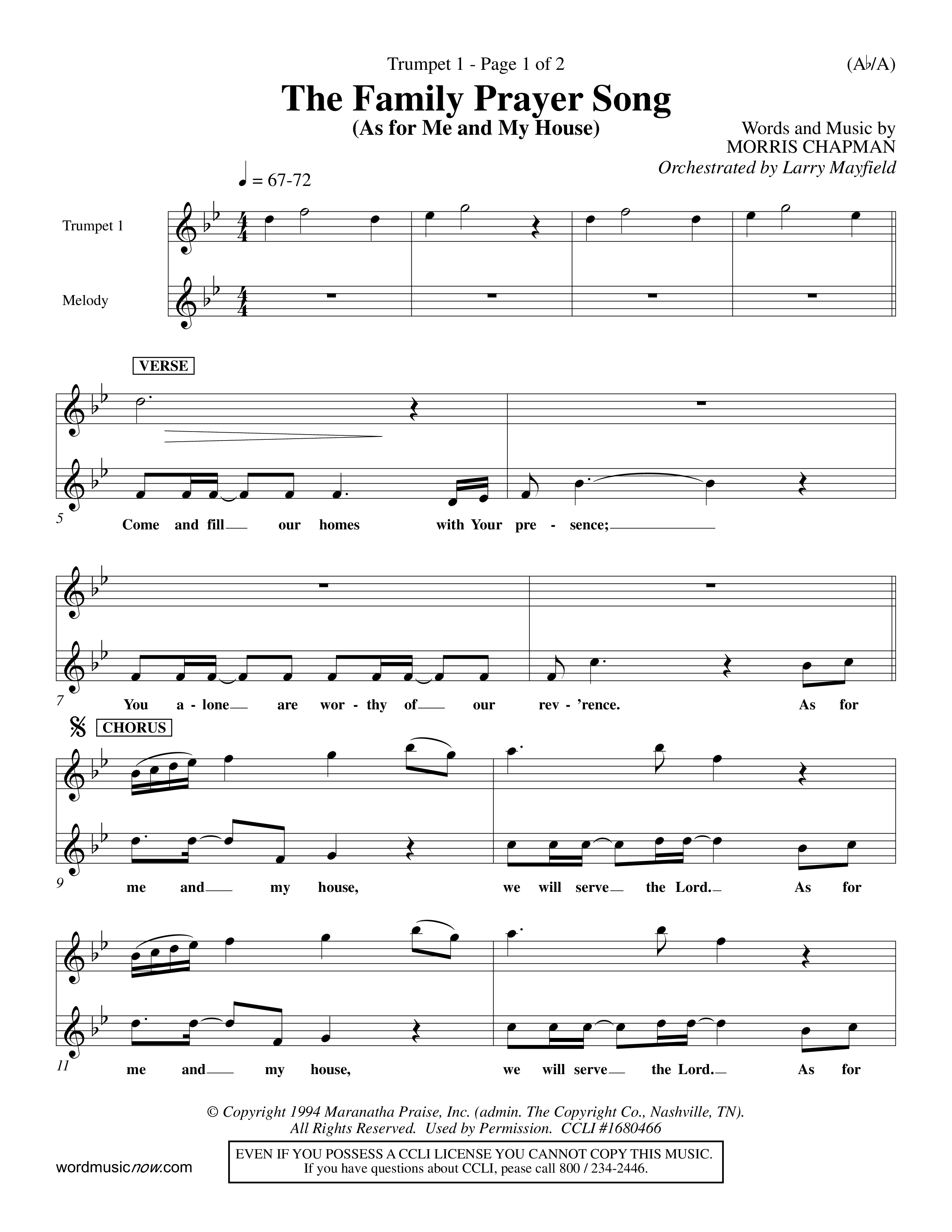 The Family Prayer Song (Choral Anthem SATB) Trumpet 1 (Word Music Choral / Orch. Larry Mayfield)