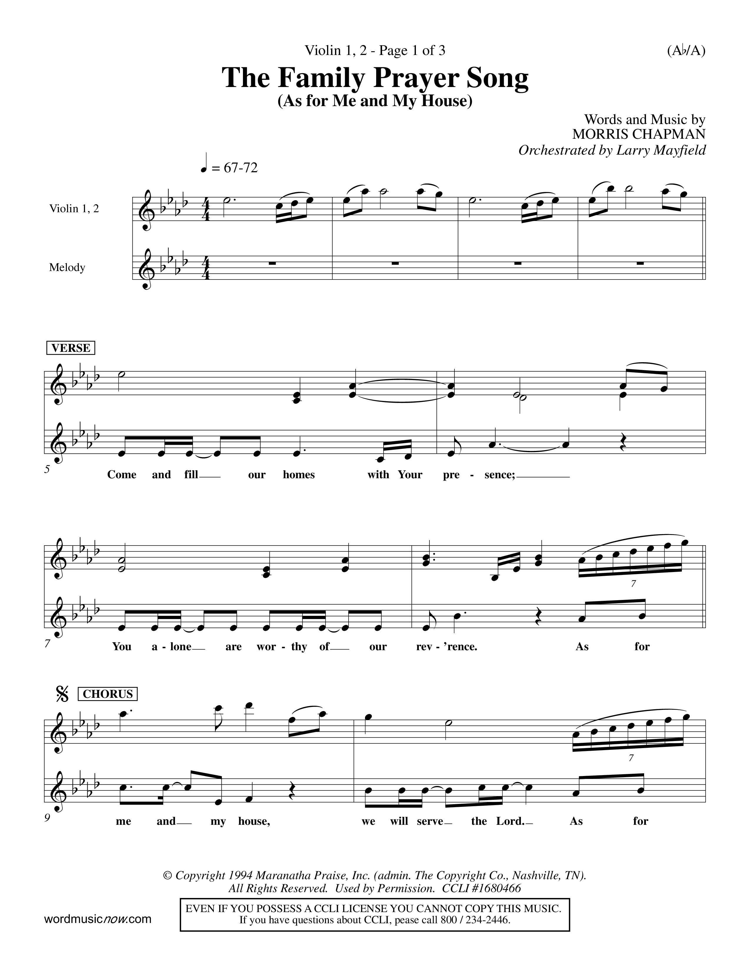 The Family Prayer Song (Choral Anthem SATB) Violin 1/2 (Word Music Choral / Orch. Larry Mayfield)