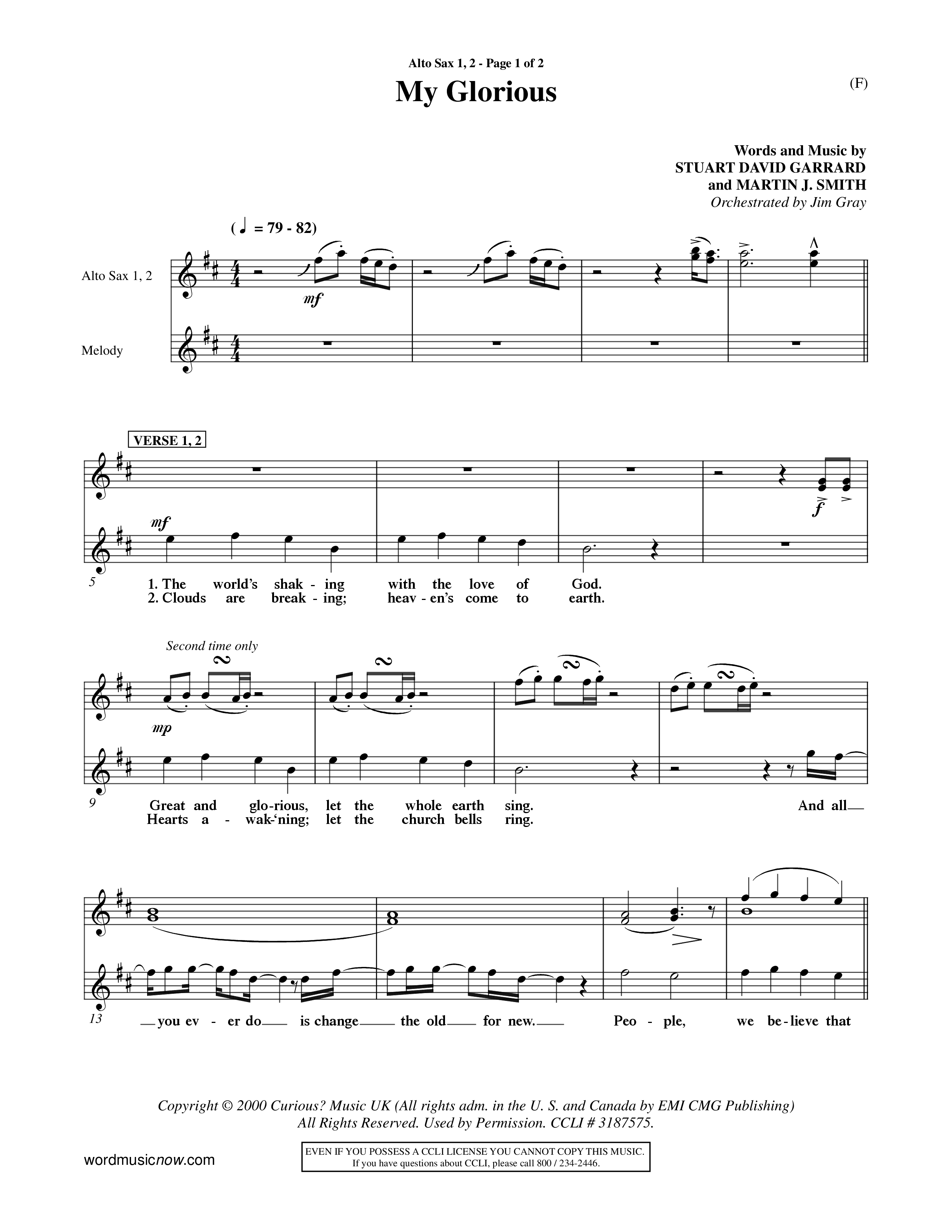 My Glorious (Choral Anthem SATB) Alto Sax 1/2 (Word Music Choral / Orch. Jim Gray)