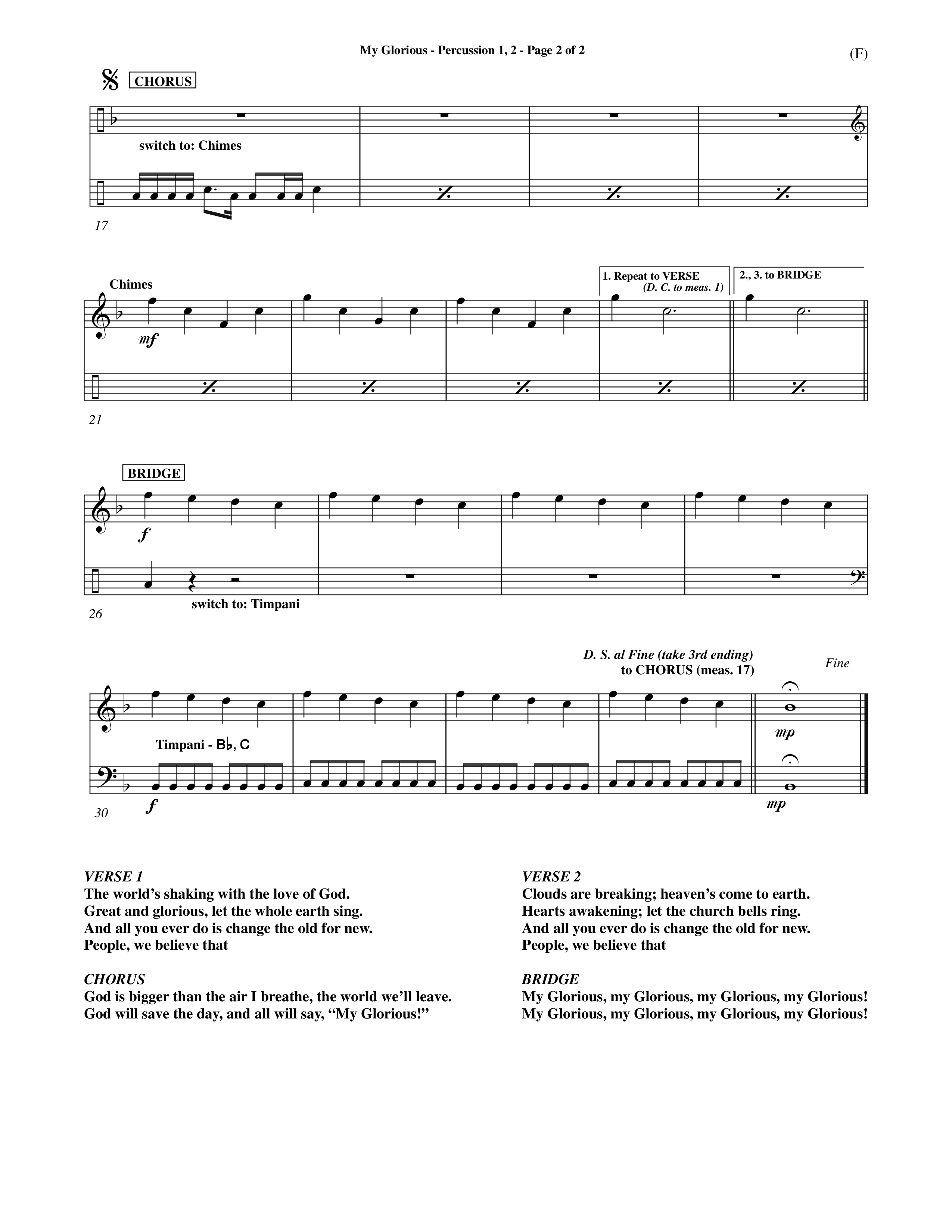 My Glorious (Choral Anthem SATB) Percussion 1/2 (Word Music Choral / Orch. Jim Gray)