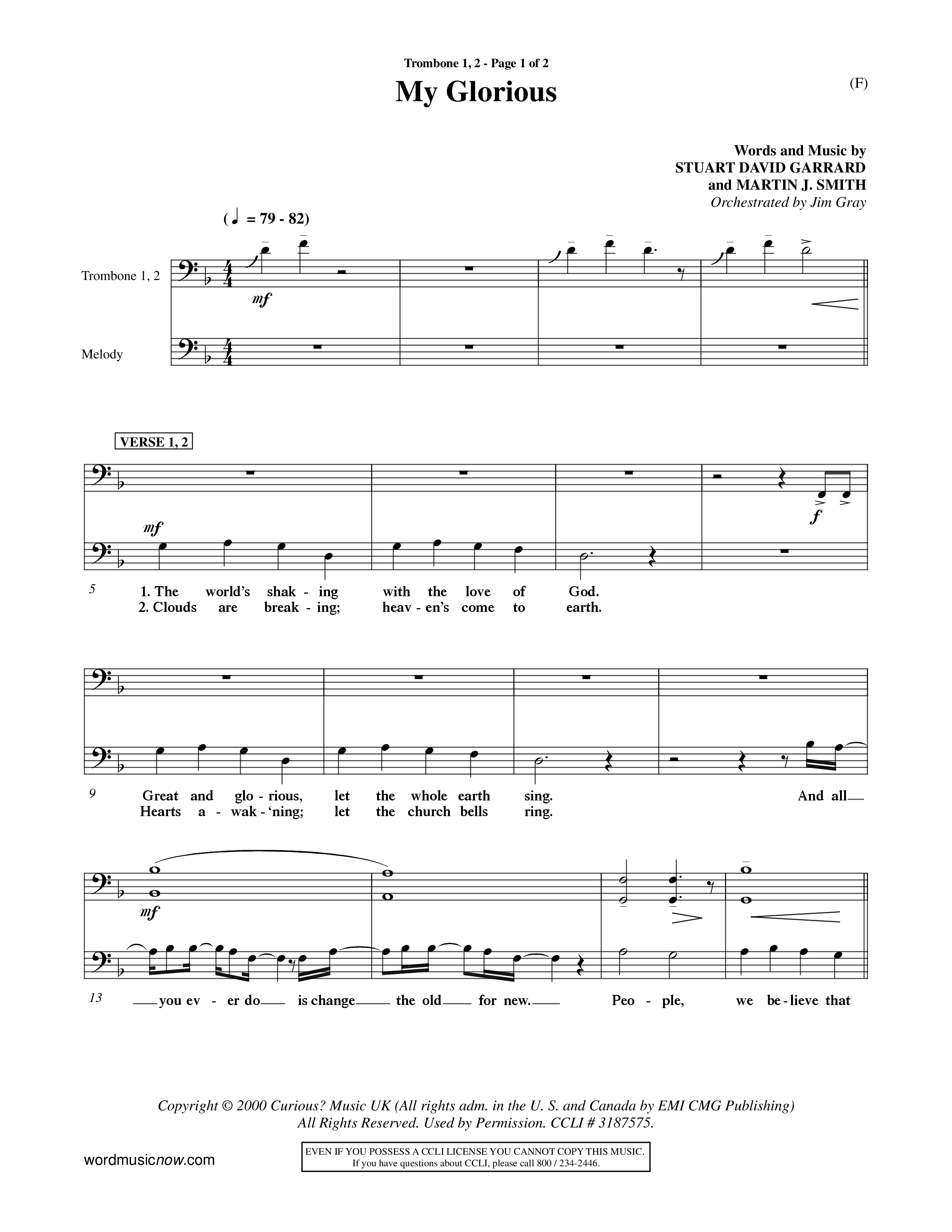 My Glorious (Choral Anthem SATB) Trombone 1/2 (Word Music Choral / Orch. Jim Gray)