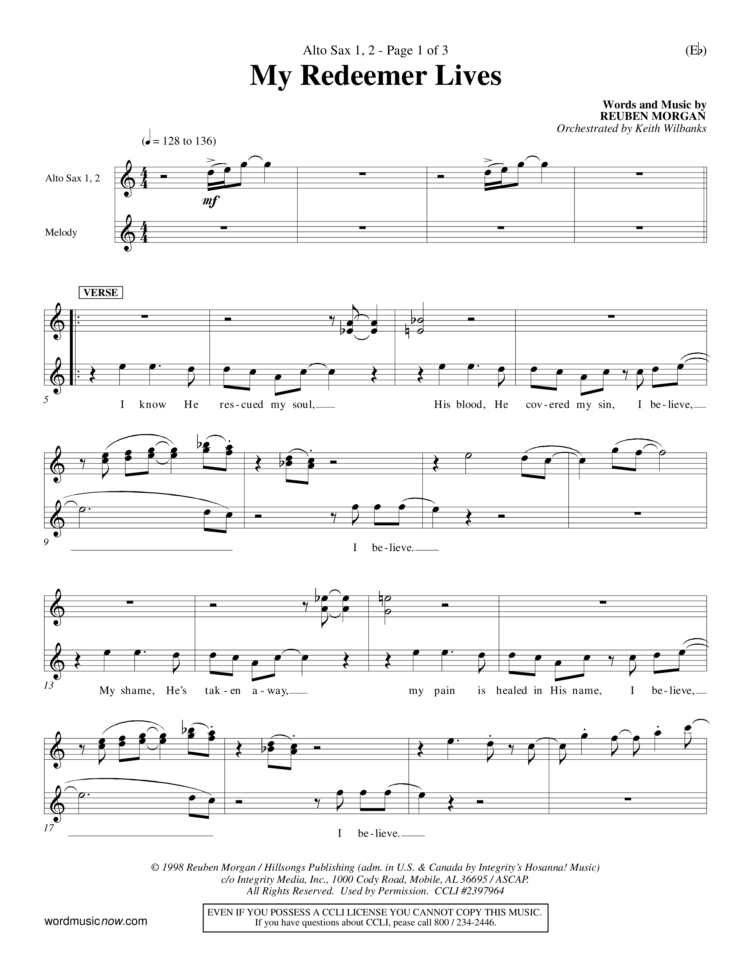 My Redeemer Lives (Choral Anthem SATB) Alto Sax 1/2 (Word Music Choral / Orch. Keith Wilbanks)
