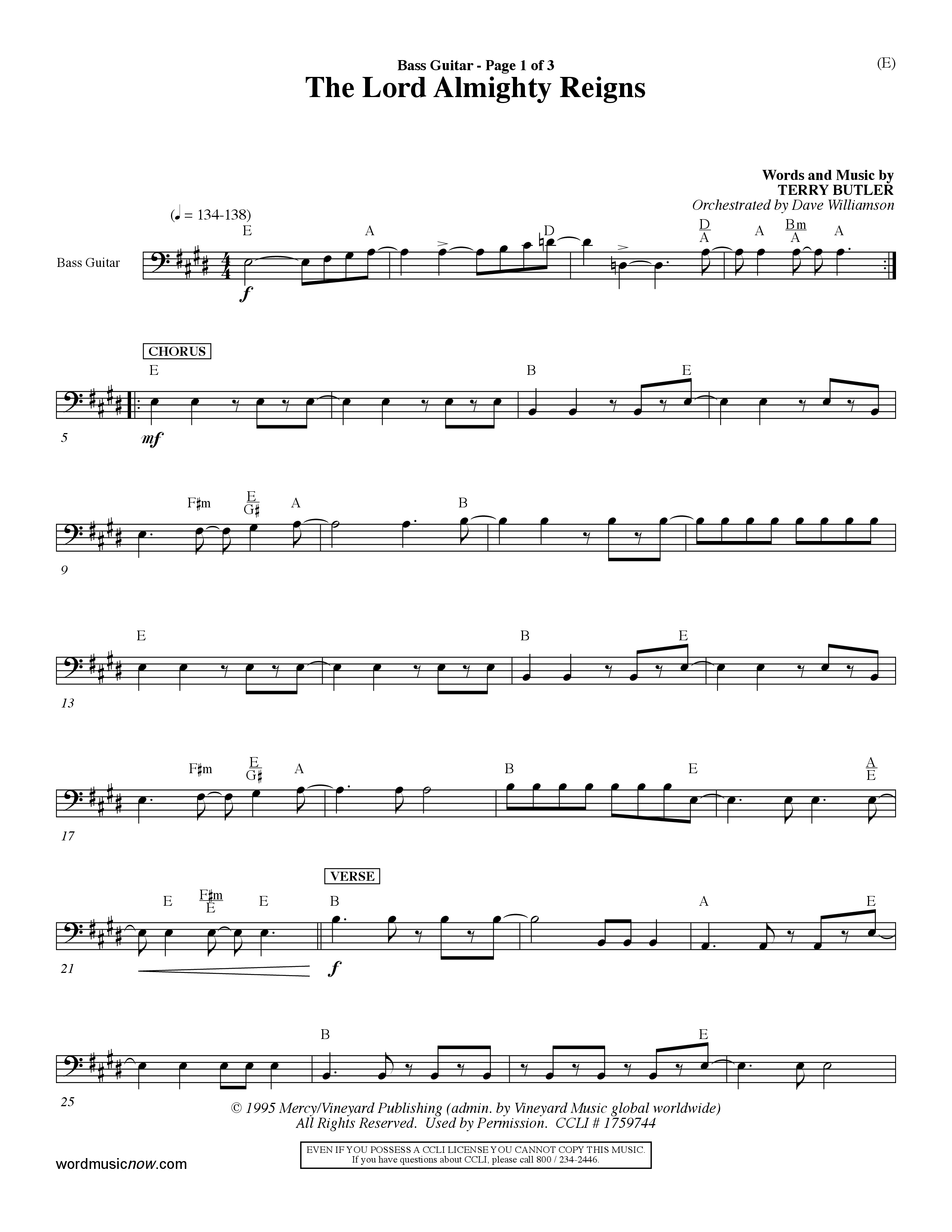 The Lord Almighty Reigns (Choral Anthem SATB) Bass Guitar (Word Music Choral / Orch. Dave Williamson)
