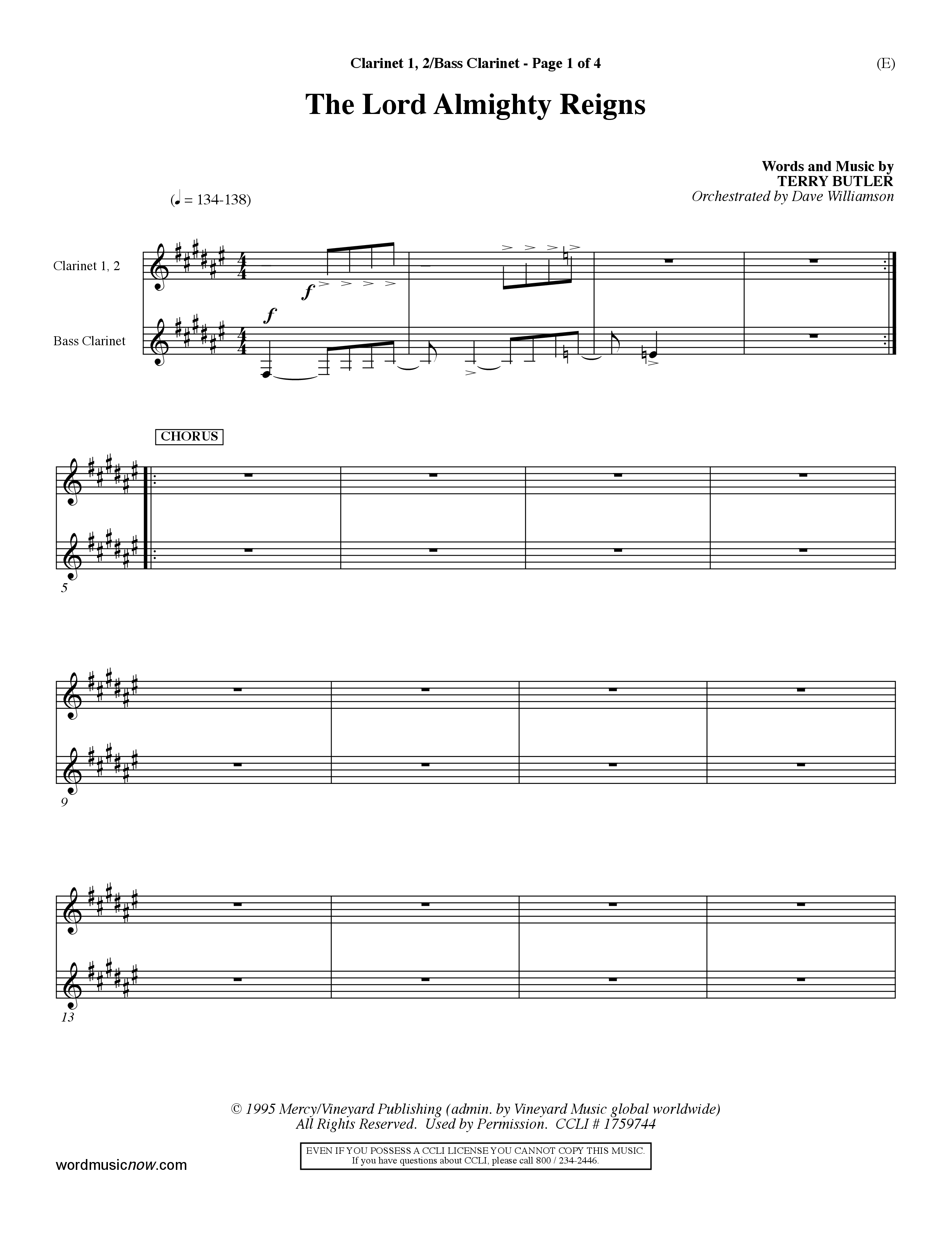 The Lord Almighty Reigns (Choral Anthem SATB) Clarinet 1/2, Bass Clarinet (Word Music Choral / Orch. Dave Williamson)