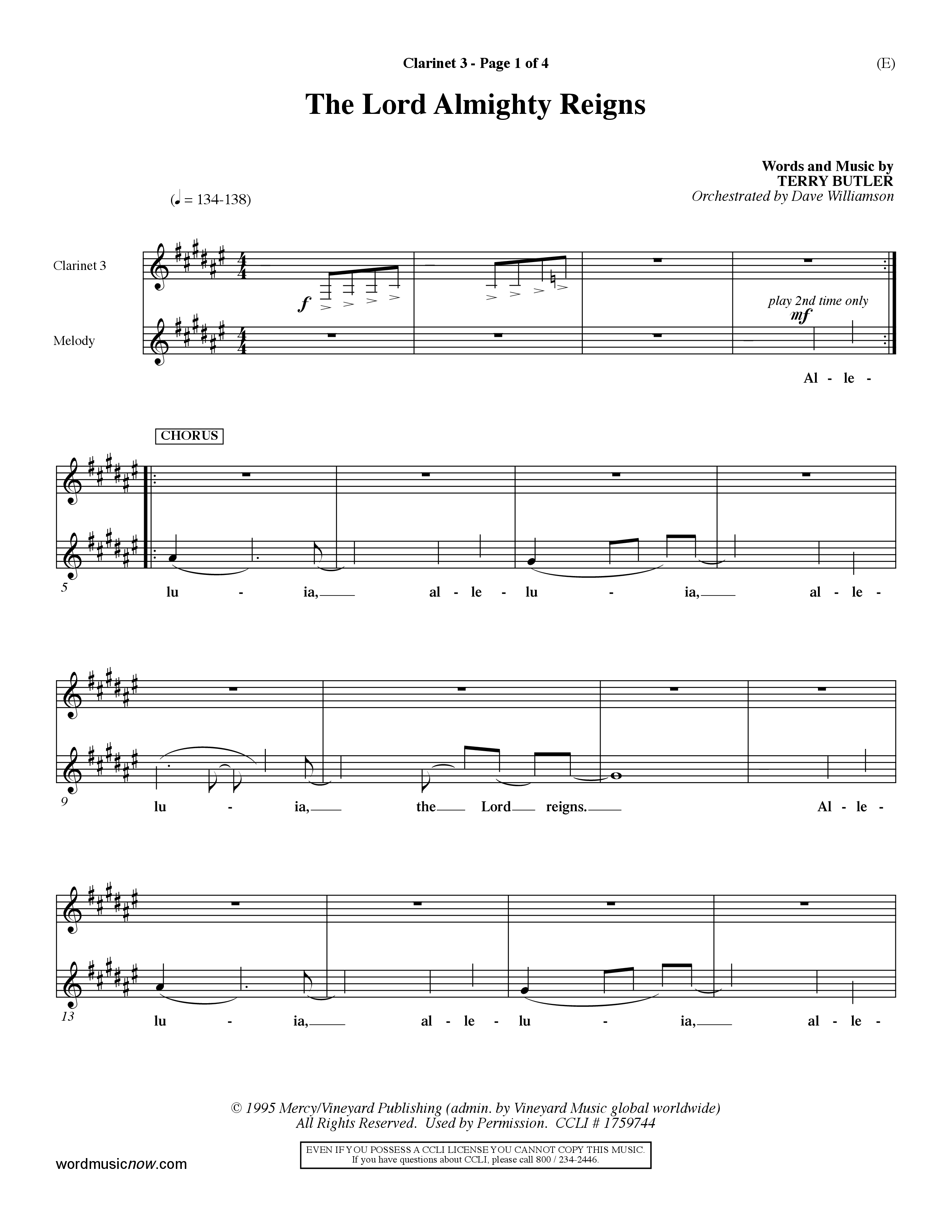 The Lord Almighty Reigns (Choral Anthem SATB) Clarinet 3 (Word Music Choral / Orch. Dave Williamson)