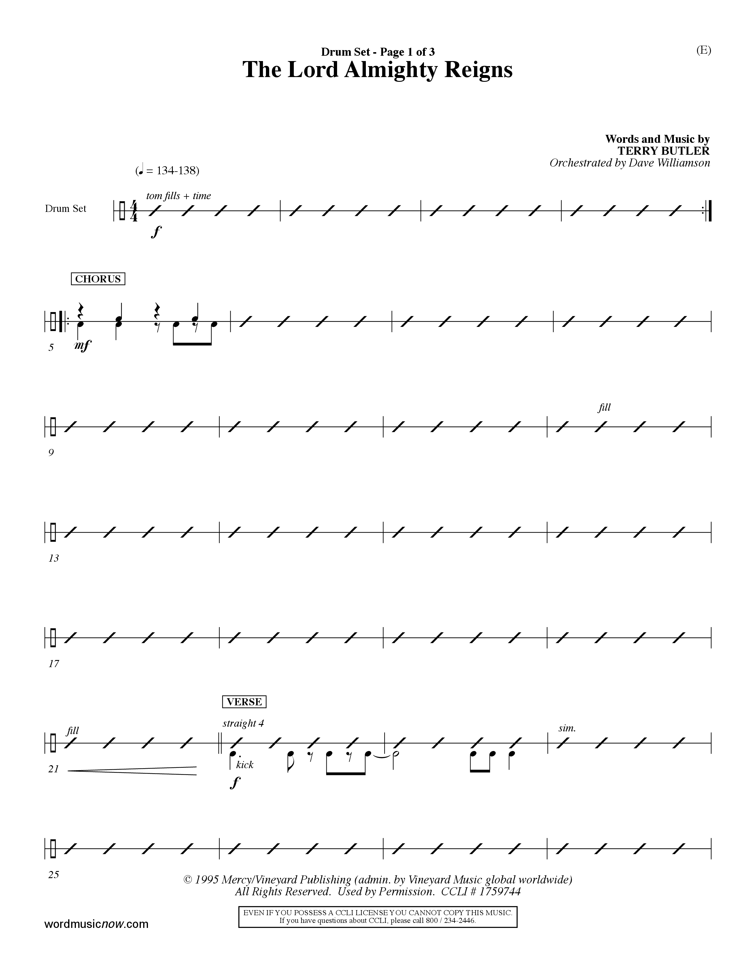 The Lord Almighty Reigns (Choral Anthem SATB) Drum Set (Word Music Choral / Orch. Dave Williamson)