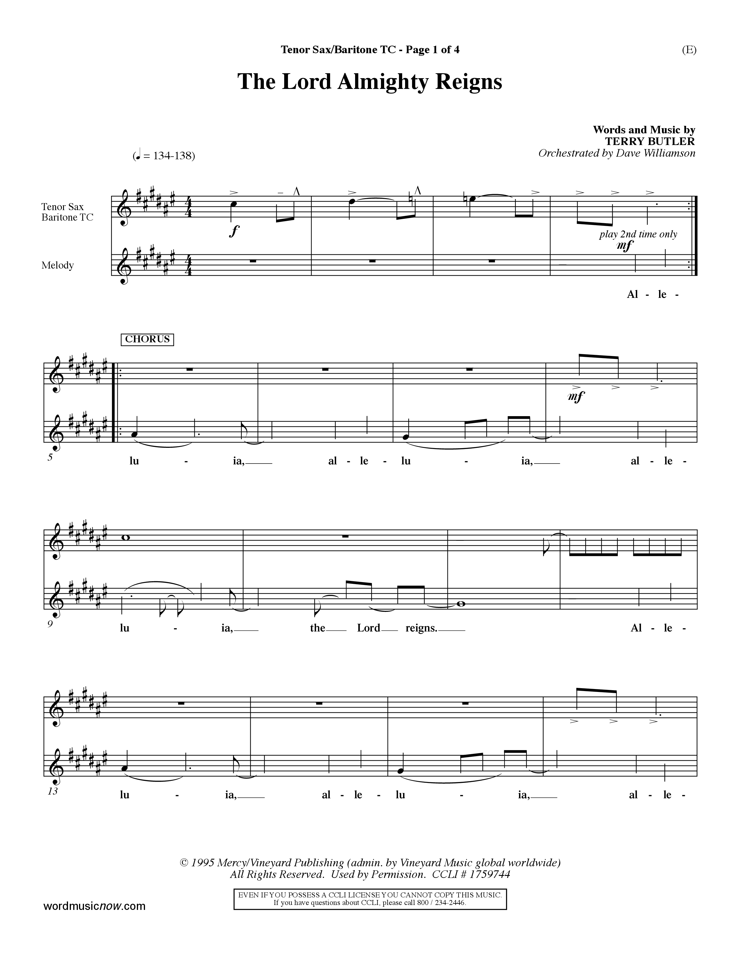 The Lord Almighty Reigns (Choral Anthem SATB) Tenor Sax/Baritone T.C. (Word Music Choral / Orch. Dave Williamson)