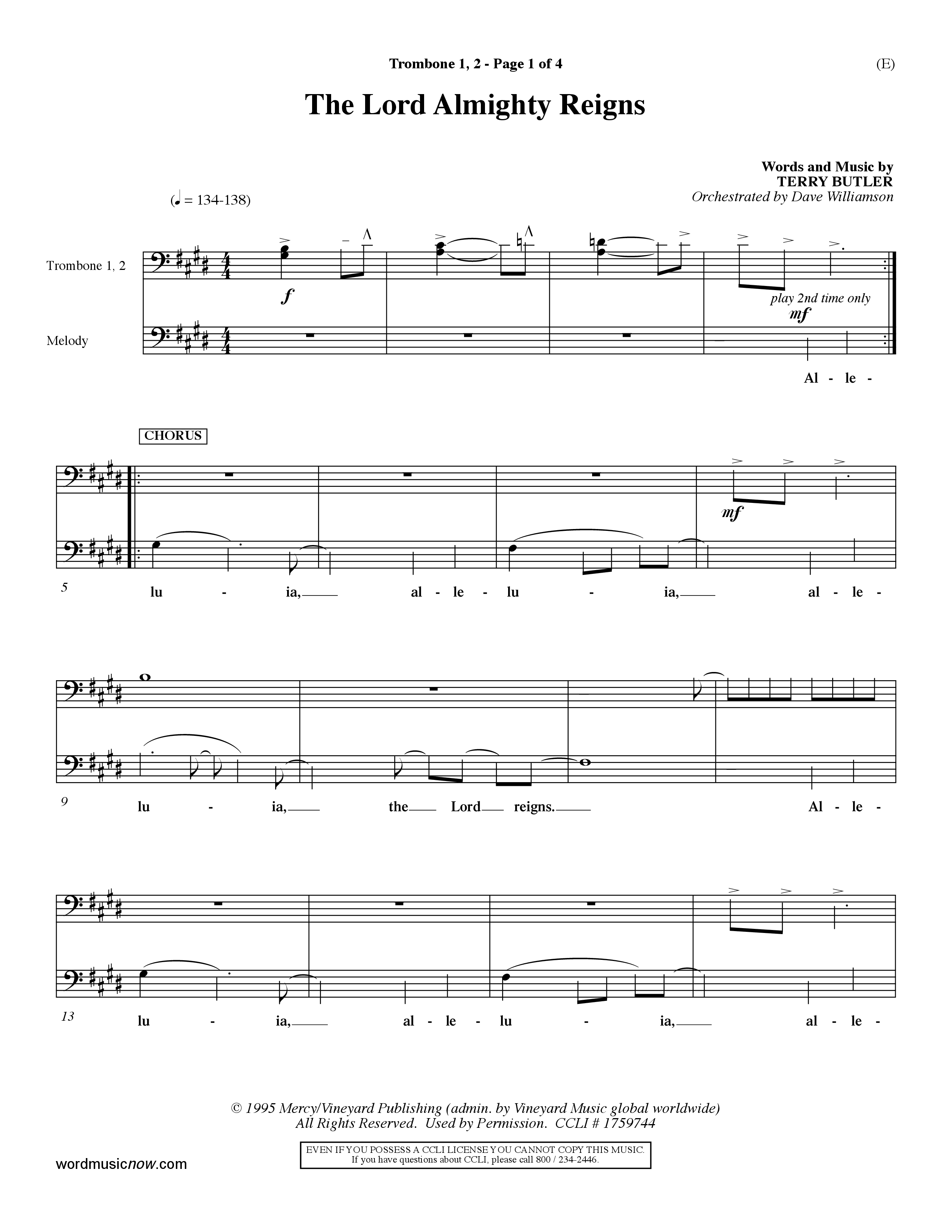 The Lord Almighty Reigns (Choral Anthem SATB) Trombone 1/2 (Word Music Choral / Orch. Dave Williamson)